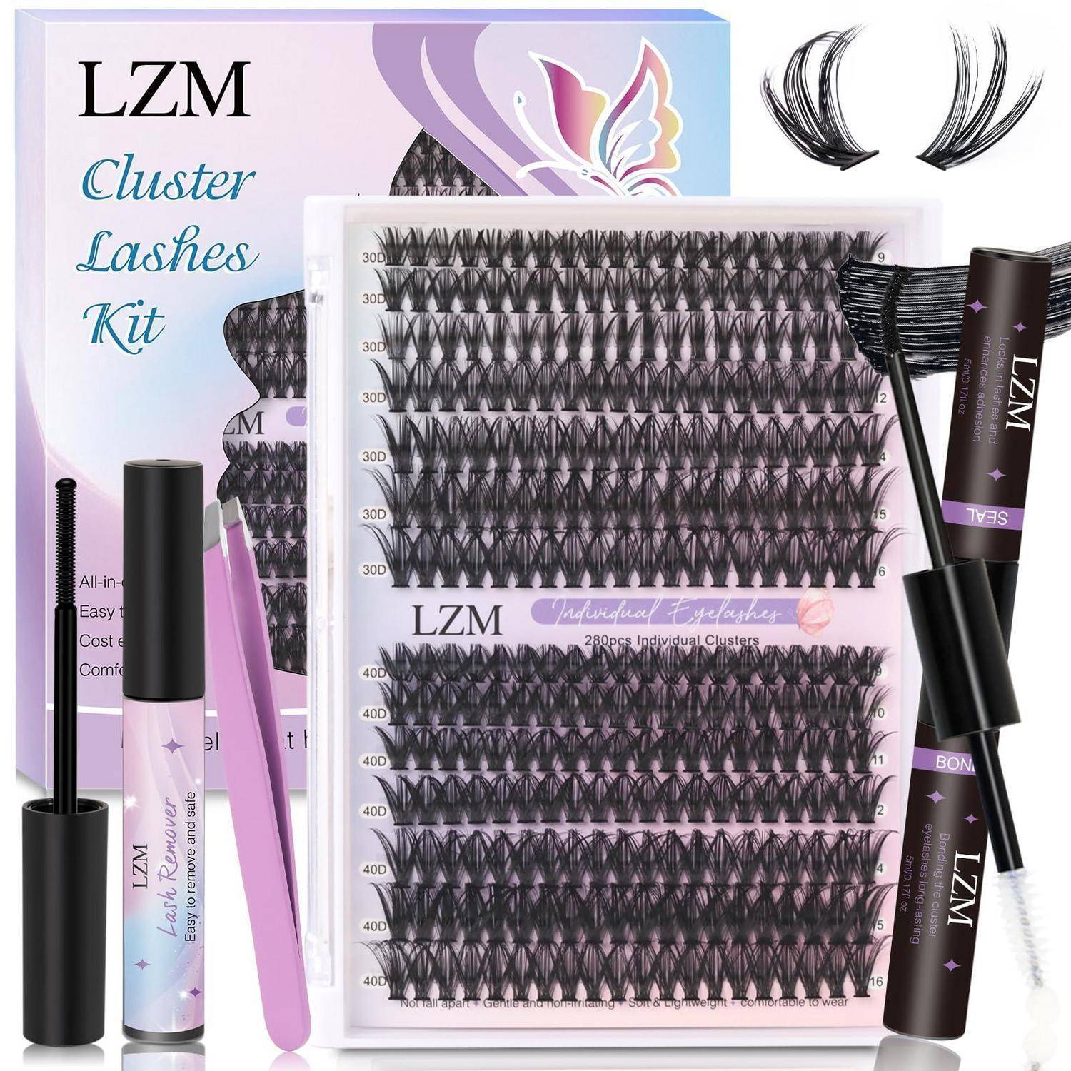 LZM Cluster-Wimpern-Set mit Tablett voller falscher Wimpernbüschel, Applikator-Pinzette, Klebstofftuben und Mascara-ähnliche Wimpernwerkzeuge in violetter Verpackung.