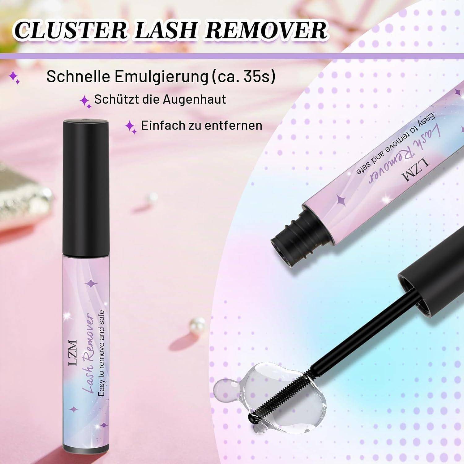 Produktanzeige für 'CLUSTER LASH REMOVER' mit Tuben und Applikator; bewirbt schnelle Emulgierung in etwa 35 Sekunden, schützt die Augen und ermöglicht einfaches Entfernen von Wimpern.