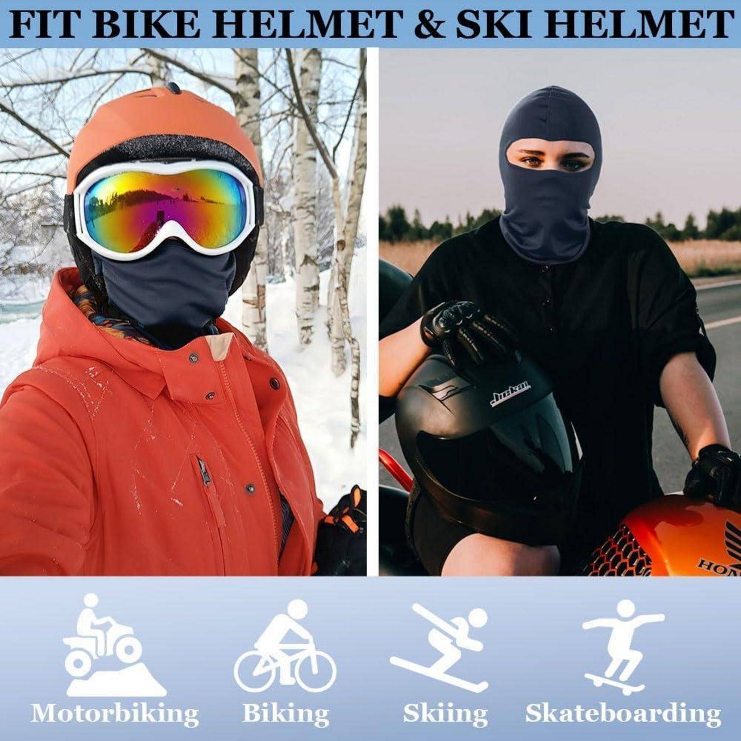 Werbebild, das einen Gesichtsschutzhelm zum Motorradfahren, Radfahren, Skifahren und Skateboarden zeigt, mit dem Text „FIT BIKE HELMET & SKI HELMET".
