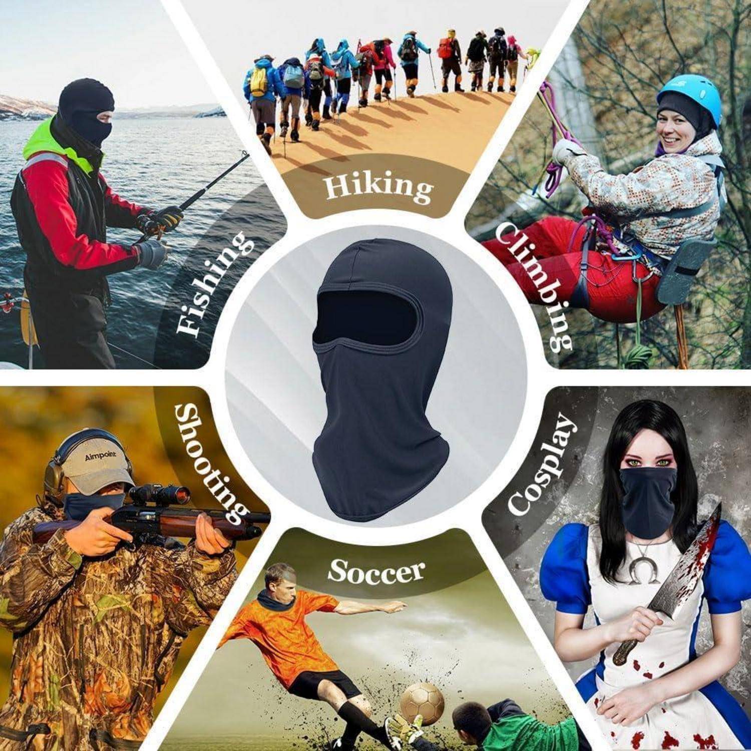 Eine schwarze Sturmhaube, die in der Mitte gezeigt wird, umgeben von beschrifteten Szenen von Menschen, die sie zum Wandern, Klettern, Angeln, Schießen, Fußball spielen und Cosplay verwenden.