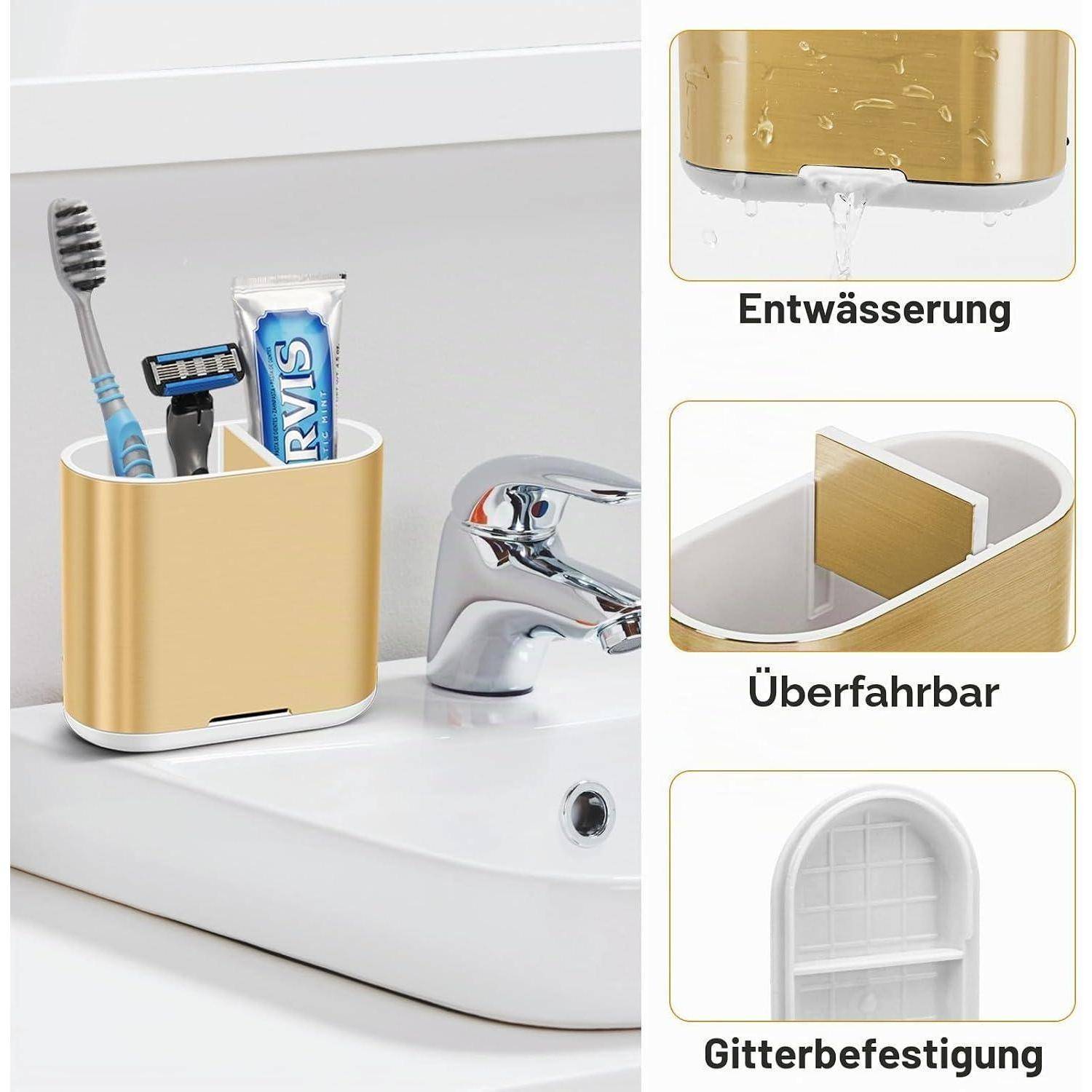Goldenes Badezimmer-Spülbecken-Caddy mit Zahnbürste, Rasierer und Zahnpasta, mit Beschriftungen zeigt Entwässerung, Über-dem-Spülbecken-Design und Gittermontage.