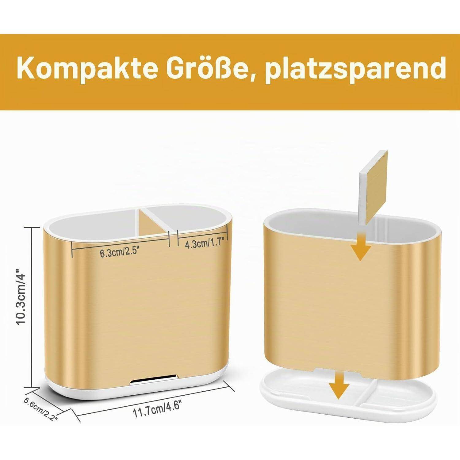 Kompakter Goldcontainer in gezeigten Abmessungen: 11,7 cm breit, 10,3 cm hoch und 6,3 cm sowie 4,3 cm Abschnitte; Deckel hebt ab und passt in eine Basis, mit deutschem Text 