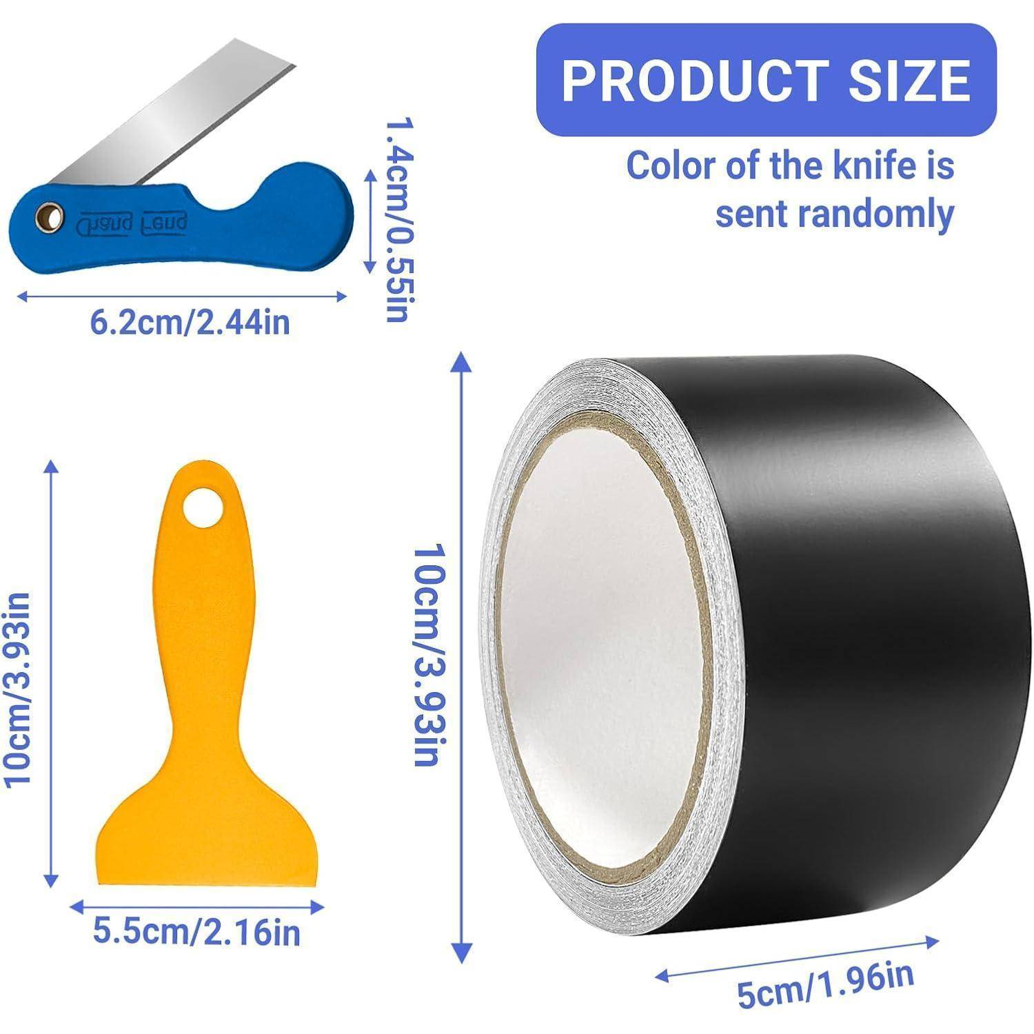 Produktgrößendiagramm mit einem Universalmesser, einem Kratzer und einer schwarzen Klebebollrolle mit Maßen; die Messerfarbe wird nach dem Zufallsprinzip versendet.