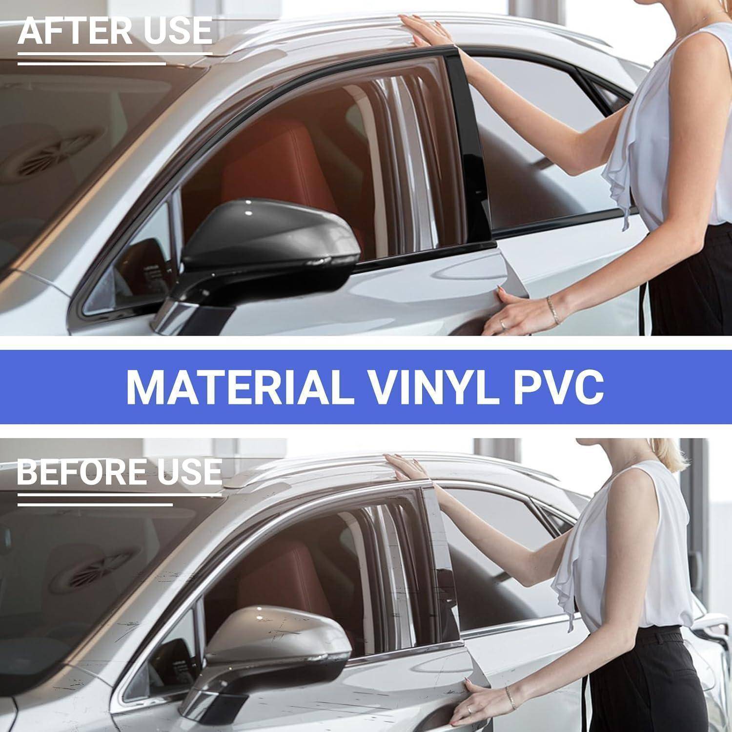# Vergleich eines Autos vor und nach der Anwendung von Material-Vinyl PVC, wobei das Fenster und die Karosserie nach der Anwendung dunkler und reflektierender erscheinen.