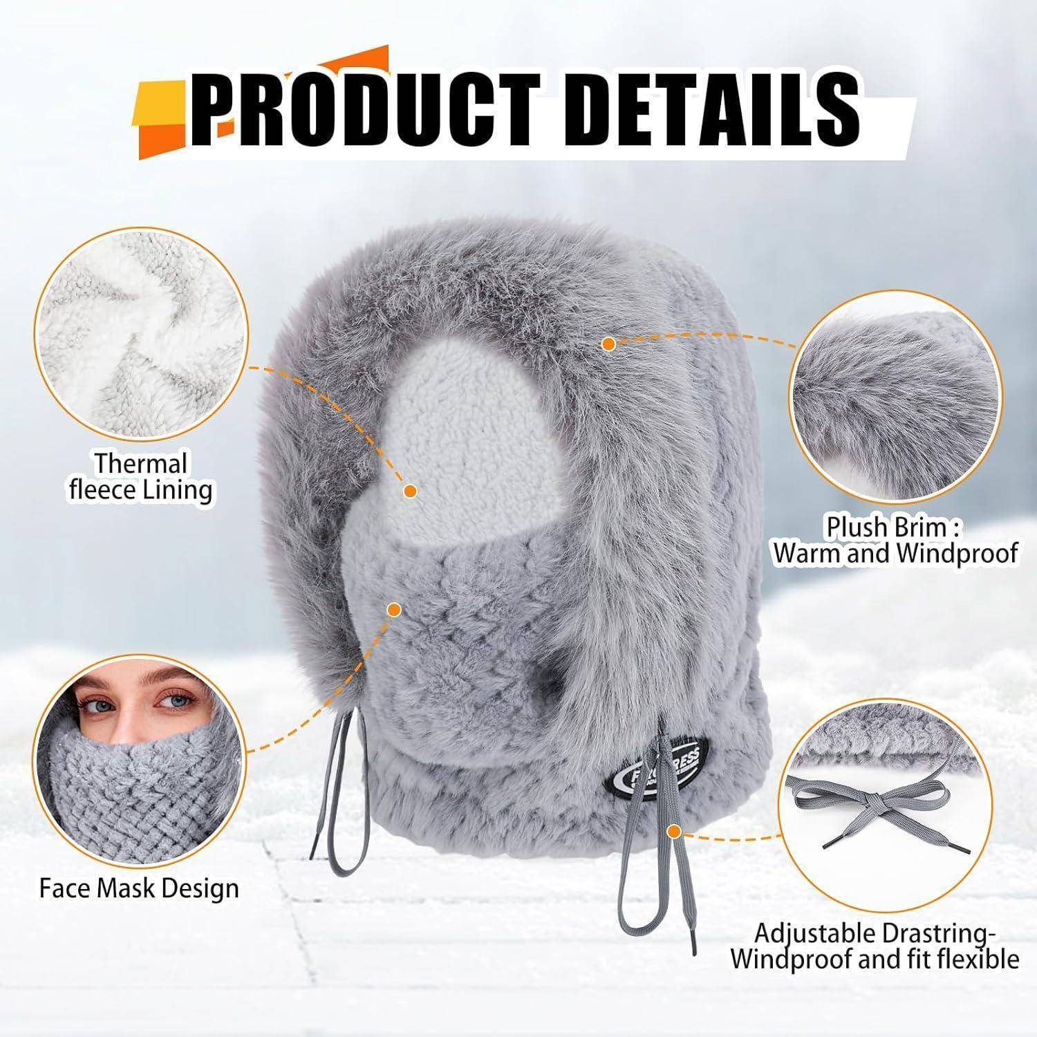 Produktdetails einer grauen, pelzigen Wintermütze/Haube mit thermischer Fleece-Fütterung, plüschiger windundurchlässiger Krempe, Gesichtsmaskenentwurf und verstellbaren Kordelzügen.