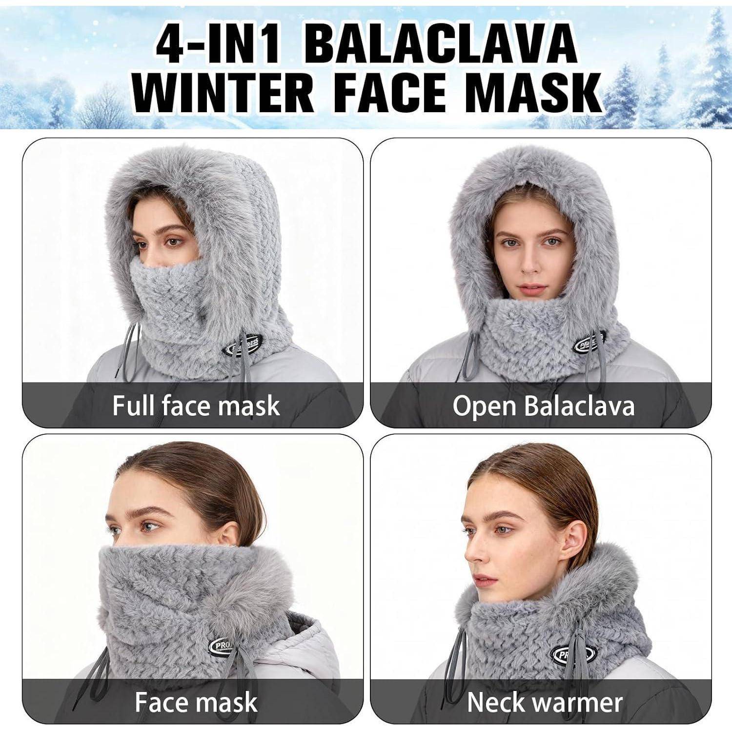 Produktbild mit einer 4-in-1-Sturmhaube für Winter, die auf vier verschiedene Arten getragen wird: als Vollgesichtsmaske, offene Sturmhaube, Gesichtsmaske und Nackenwärmer.
