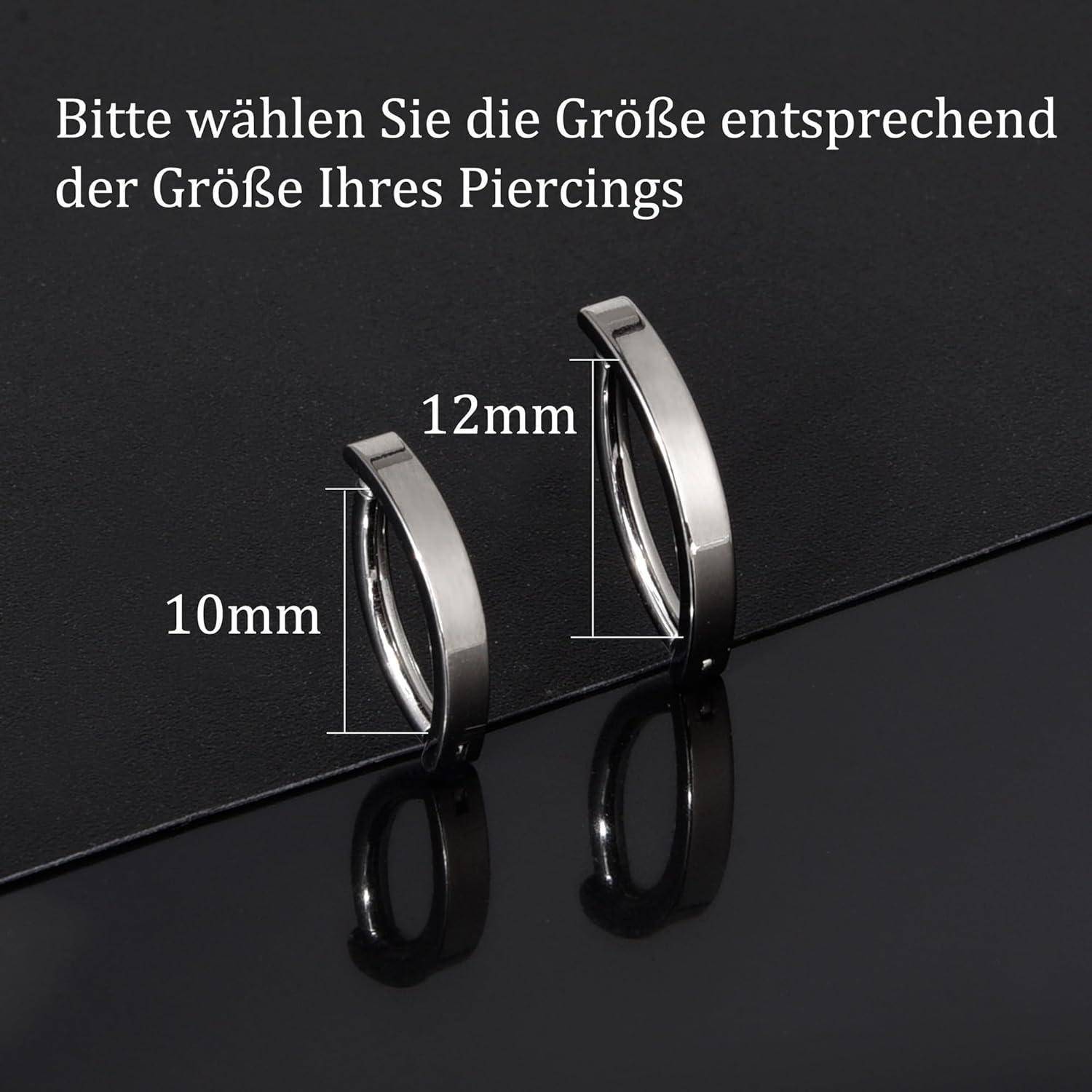 Produktbild von zwei silbernen Creolen-Piercings auf schwarzem Hintergrund, beschriftet mit 10mm und 12mm, mit deutschem Text, der Benutzer auffordert, die Größe basierend auf ihrem Piercing auszuwählen.