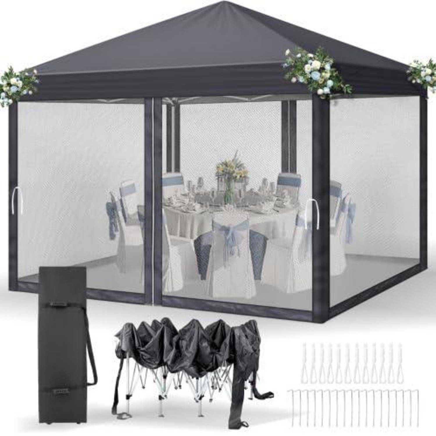Tragbares schwarzes Pop-up-Pavillon mit Moskitonetz und Mesh-Wänden, Tragetasche und Faltstöcken, gezeigt mit einer dekorierten Essbereich-Einrichtung im Inneren.