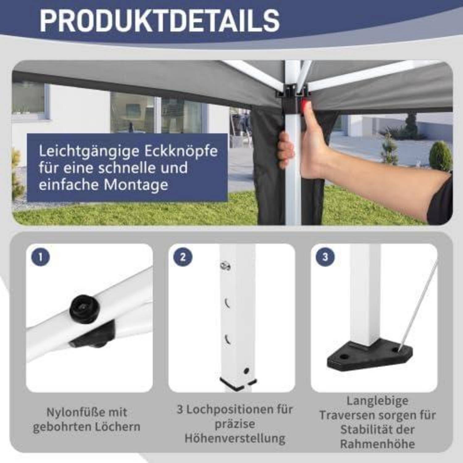Produktdetail-Grafik zeigt benutzerfreundliche Eckenknöpfe für schnelle Montage, Nylonfüße mit gebohrten Löchern, drei Höhenverstellungspositionen und robuste Querstangen für Rahmenstabilität.