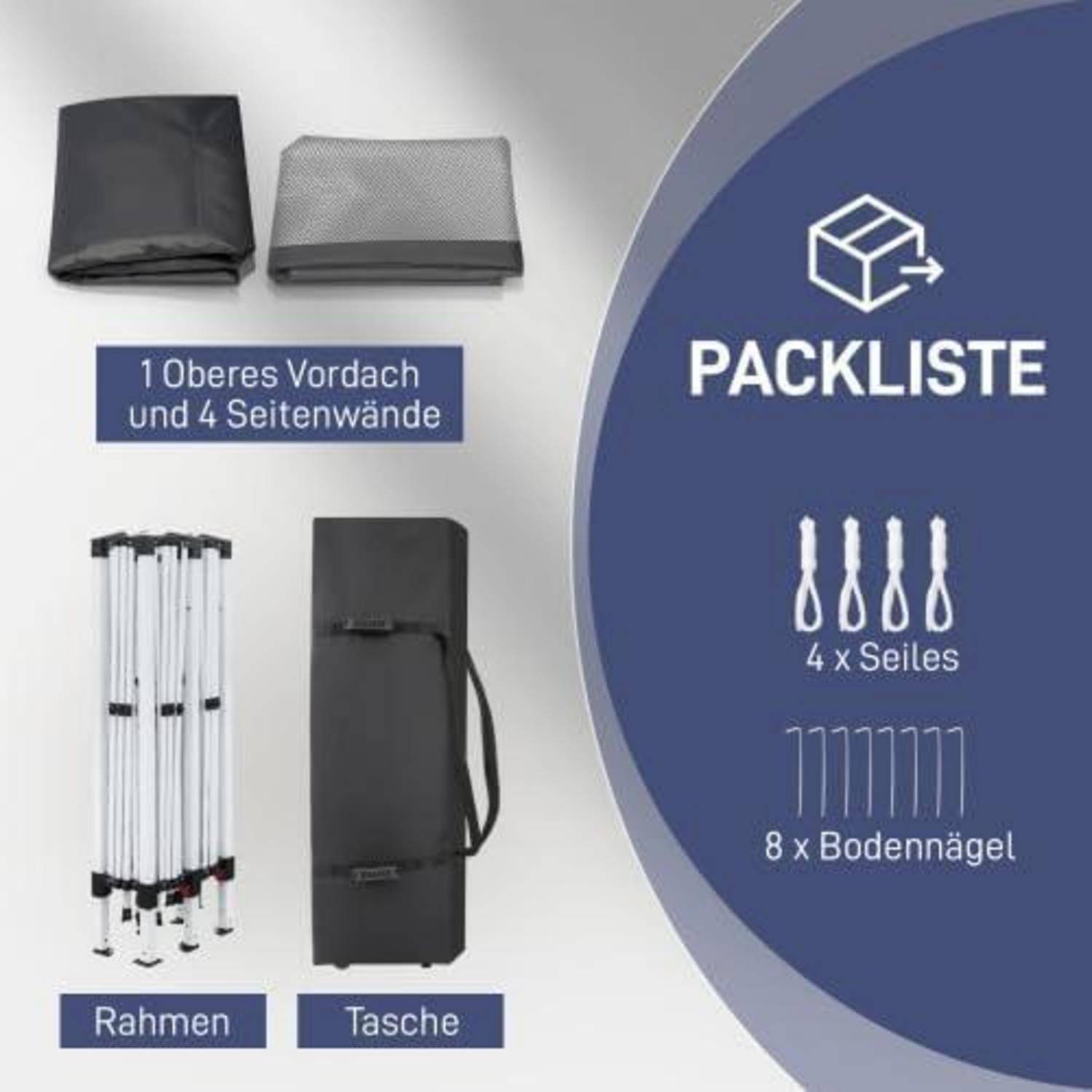 Packliste für Pop-Up-Pavillons mit einem Dachbezug, vier Seitenwänden, Gestell, Transporttasche, vier Seilen und acht Bodenankern.