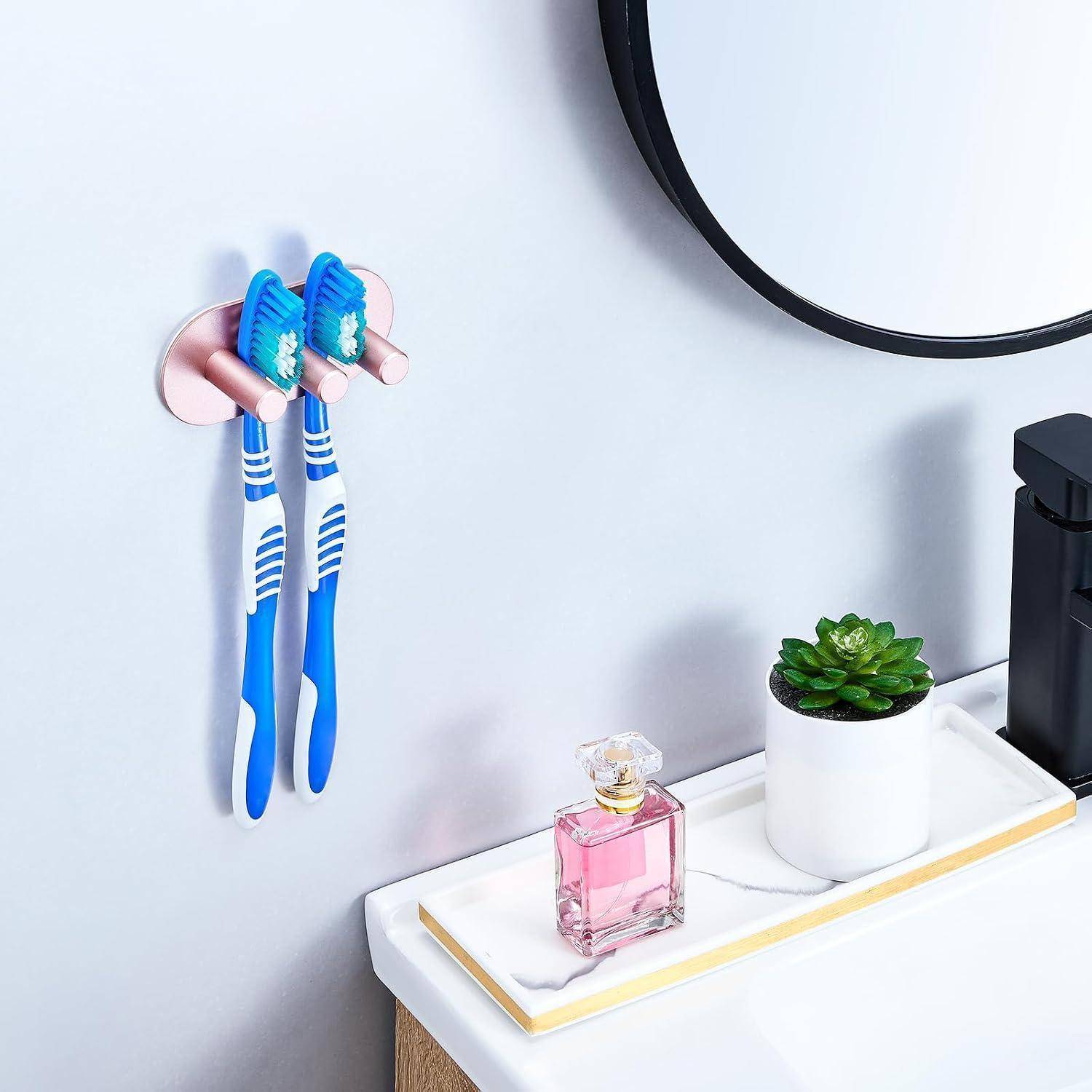 Zwei blaue Zahnbürsten hängen an einem Wandhalter über einem Badezimmerablage mit rosa Parfüm, einer kleinen Sukkulente und einer Spiegelkante.