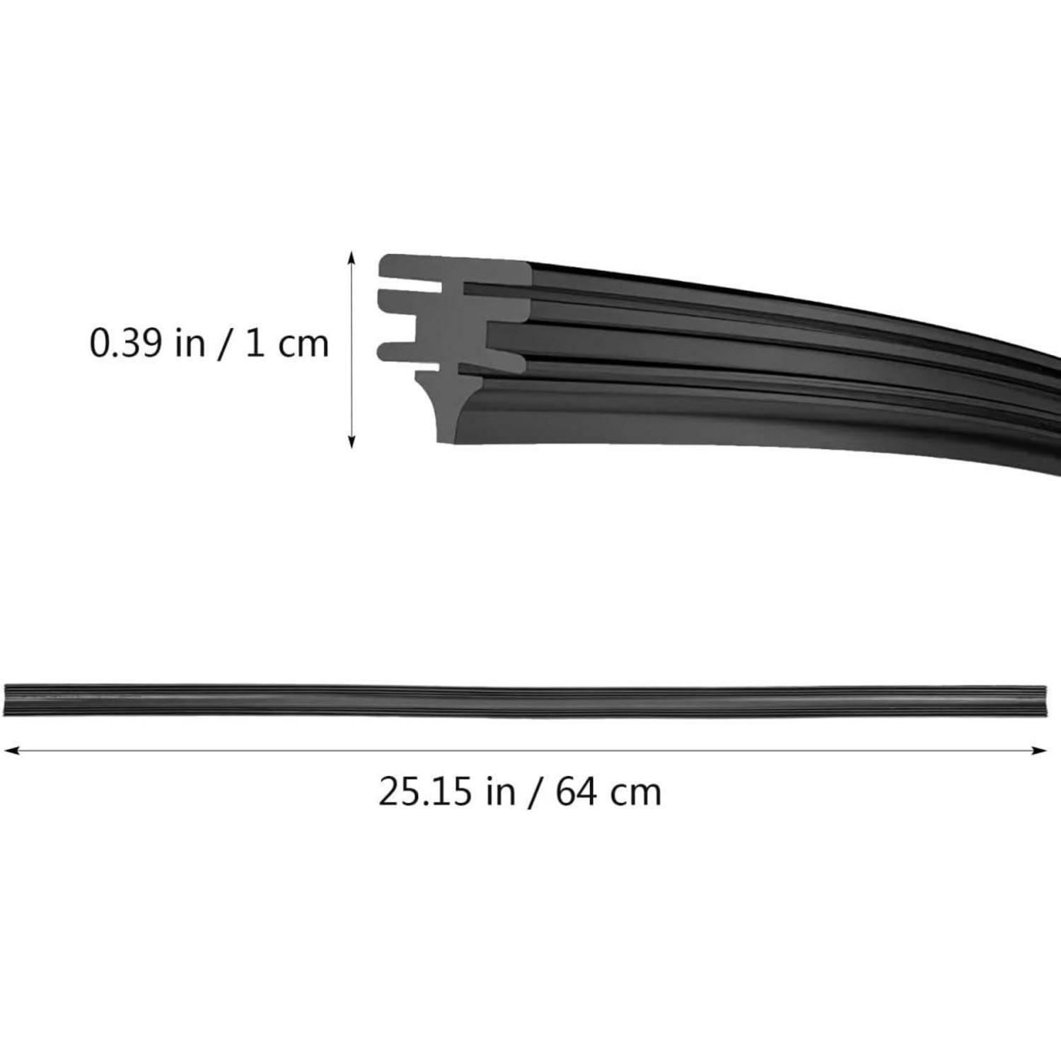 Diagramm einer schwarzen gekrümmten Scheibenwischerblatts mit Abmessungen: 25,15 Zoll (64 cm) lang und 0,39 Zoll (1 cm) breit.