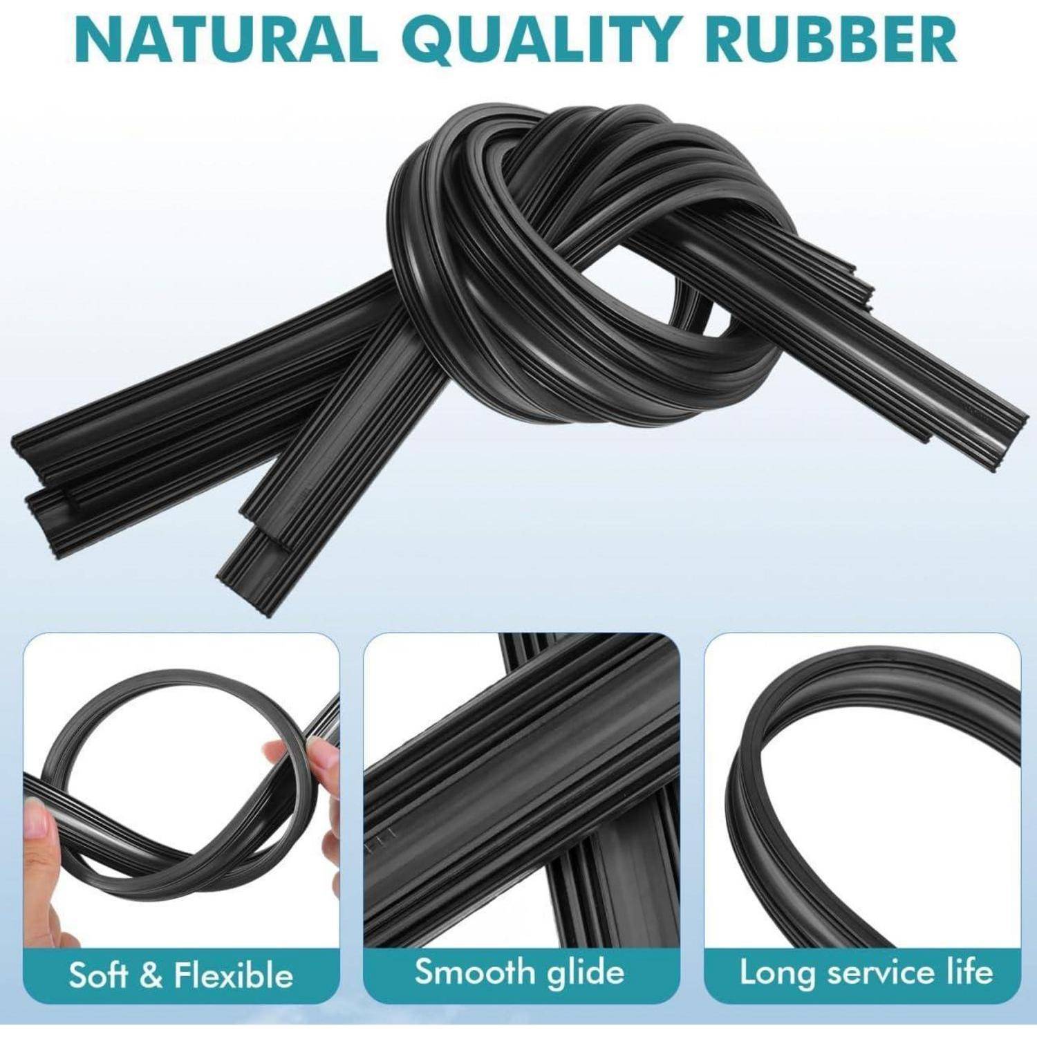 Werbebild von schwarzen Naturkautschuk-Streifen, die zu einer Schleife verdreht sind, mit Nahaufnahmen, die das weiche, flexible, glatte Gleitfläche und langlebige Material hervorheben.