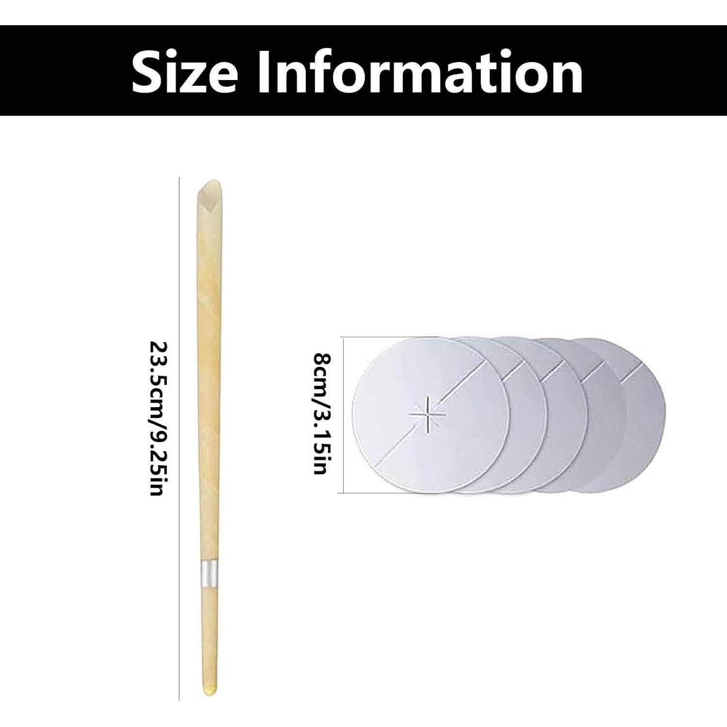 Größenangaben-Diagramm mit einem 23,5 cm (9,25 Zoll) langen Holzstab und einem Stapel runder Scheiben mit einer Breite von 8 cm (3,15 Zoll).