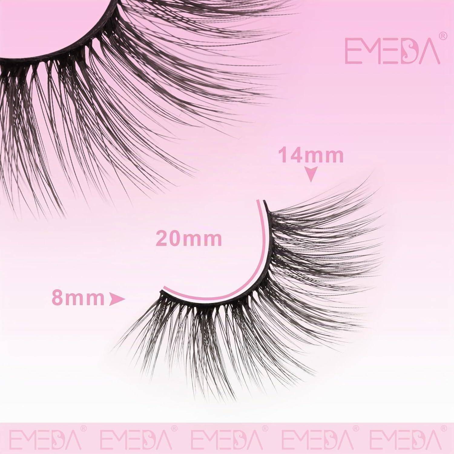 Produktbild in Pink mit künstlichen Wimpern, gekennzeichnet mit den Längen 8mm, 14mm und 20mm, plus das EMEDA-Markenlogo.
