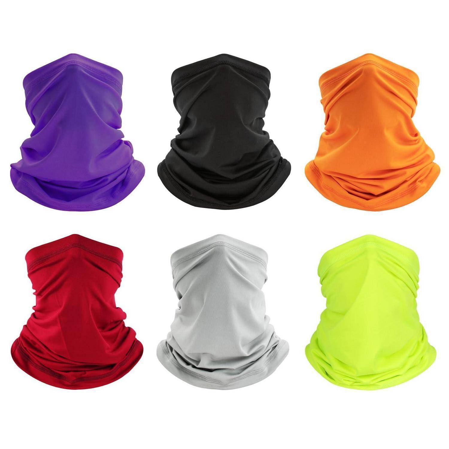 Sechs farbenfrohe Halstücher oder Gesichtsmasken auf weißem Hintergrund: lila, schwarz, orange, rot, grau und neongelb.