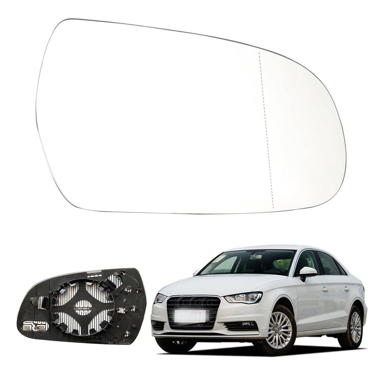 Ersatzglas für Außenspiegel eines weißen Fahrzeugs, dargestellt mit der Spiegelscheibe und der Befestigungsplatte.