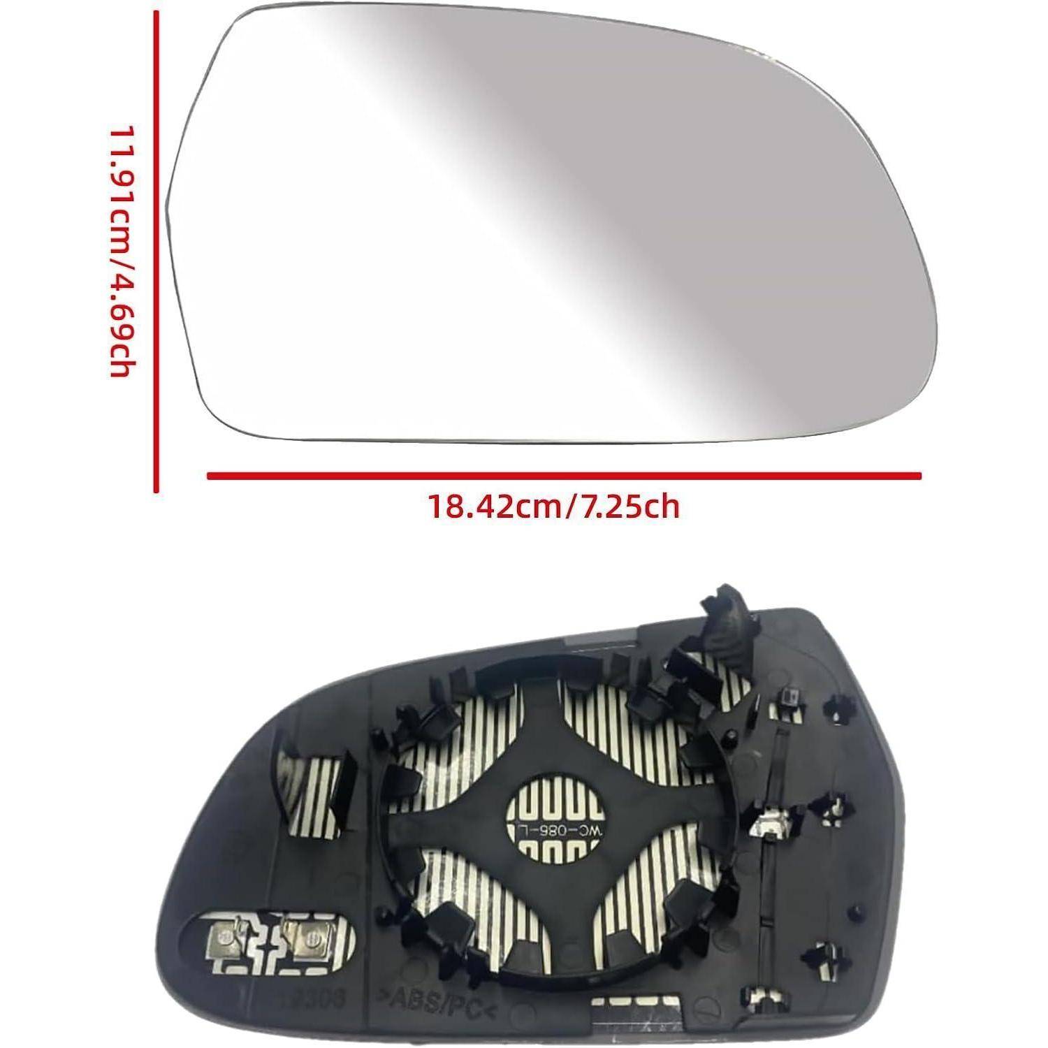 Diagramm eines Seitenspigelglases eines Autos, das die Spiegelform und die Abmessungen 18,42 cm x 11,91 cm zeigt, mit der schwarzen Befestigungsrückplatte darunter.