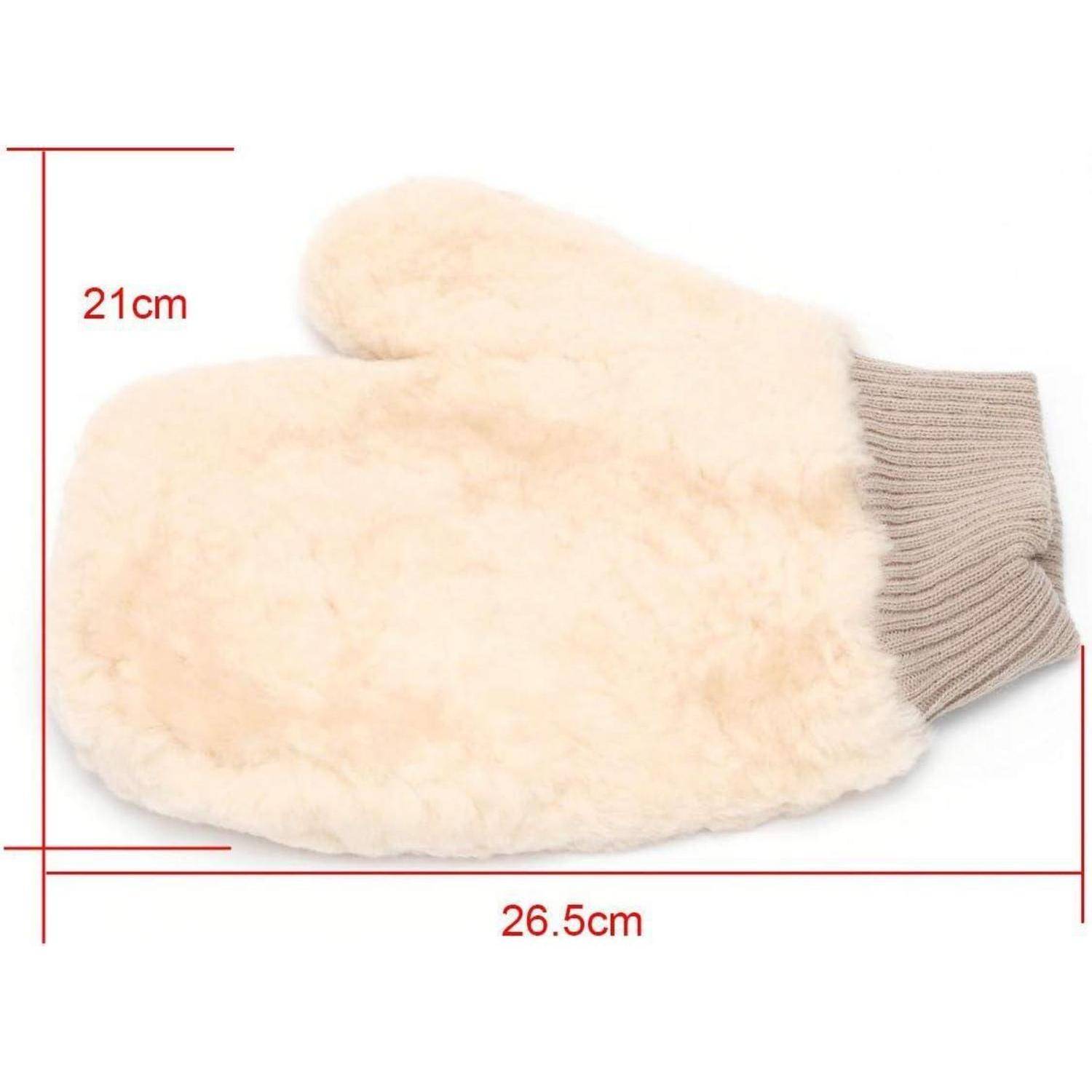 Cremefarben flauschiger Fäustling mit geripptem Bündchen, gezeigt mit Größenetiketten 21 cm hoch und 26,5 cm breit auf weißem Hintergrund.