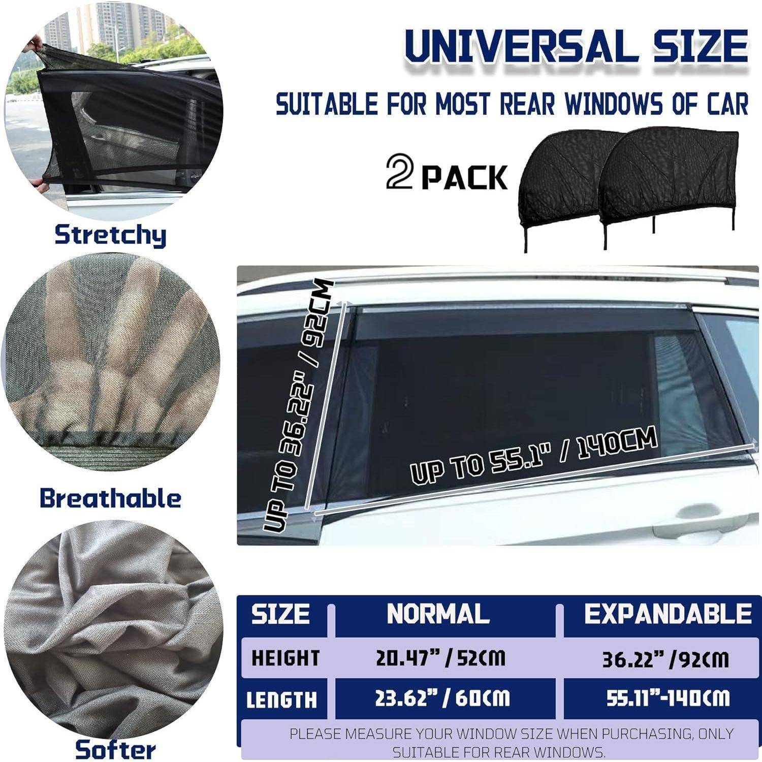 Universelle Auto-Heckscheiben-Sonnenschutzgitter, 2er-Pack, passt auf Fenster bis 55,1 cm x 34,6 cm; dehnbar, atmungsaktiv, weiches Material.