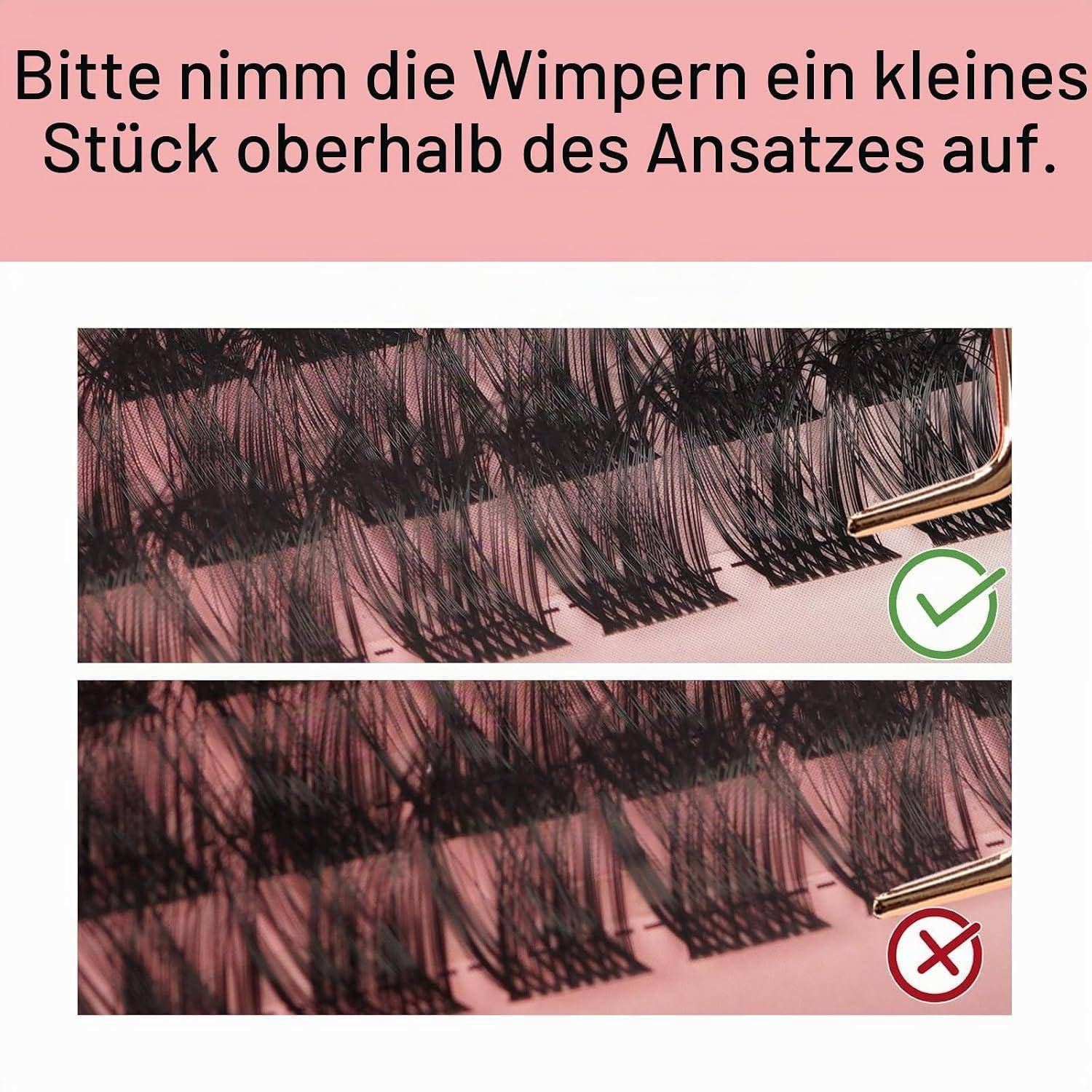 Anleitung zur Wimpernverlängerung auf Deutsch: 'Bitte nehmen Sie die Wimpern etwas über der Basis auf.' Zeigt korrekte und falsche Pinzettenpositionen mit grünem Häkchen und rotem X.