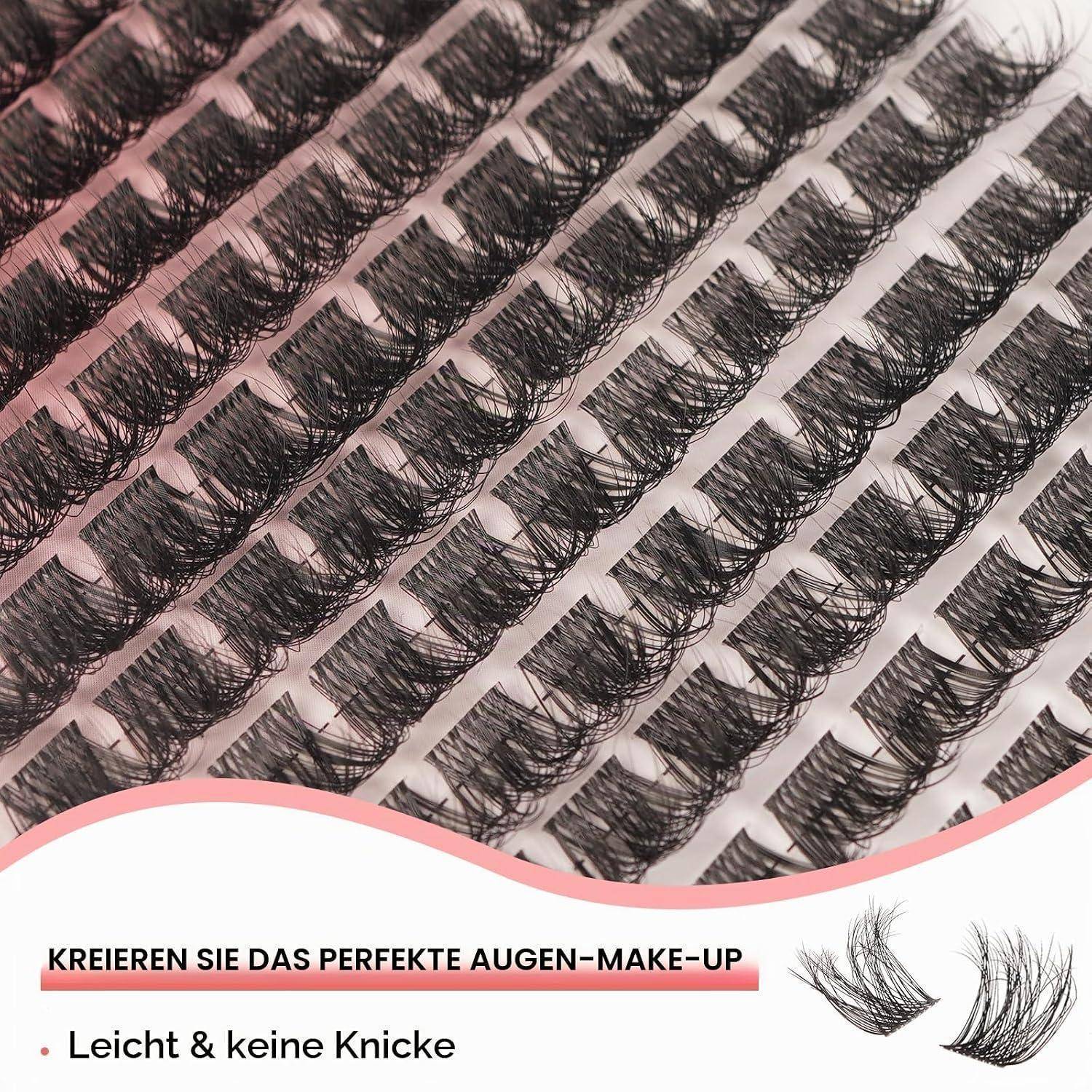 Nahaufnahme von künstlichen Wimpernstreifen auf einer Packung mit deutschem Text „KREIEREN SIE DAS PERFEKTE AUGEN-MAKE-UP