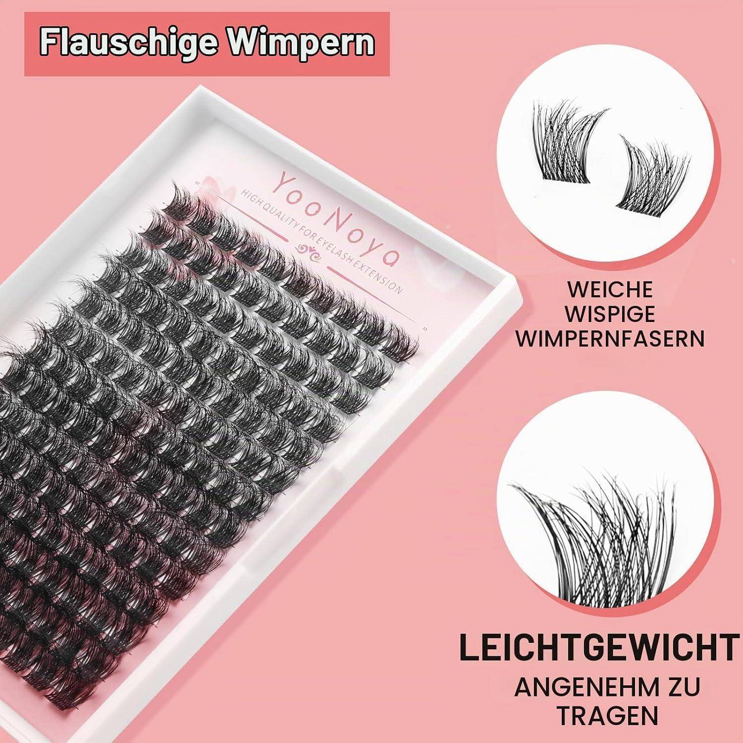 Rosa Anzeige mit einem Tablett von künstlichen Wimpern mit der Bezeichnung „Flauschige Wimpern