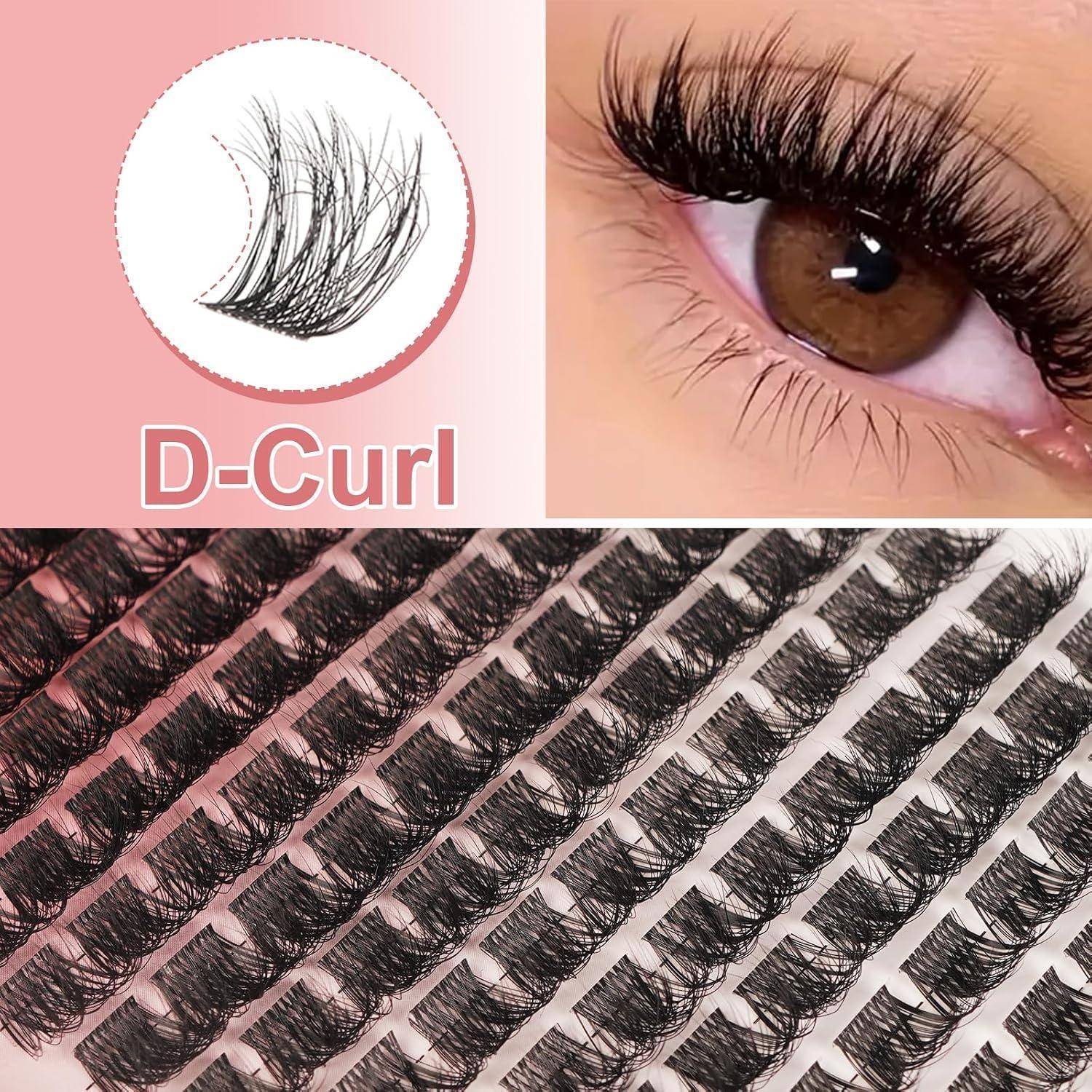D-Curl-Wimpernverlängerungen, die in einer Produkteinfügung gezeigt werden, ein Auge, das sie trägt, und Reihen von gekrümmten Wimpernstreifen auf einem Tablett.