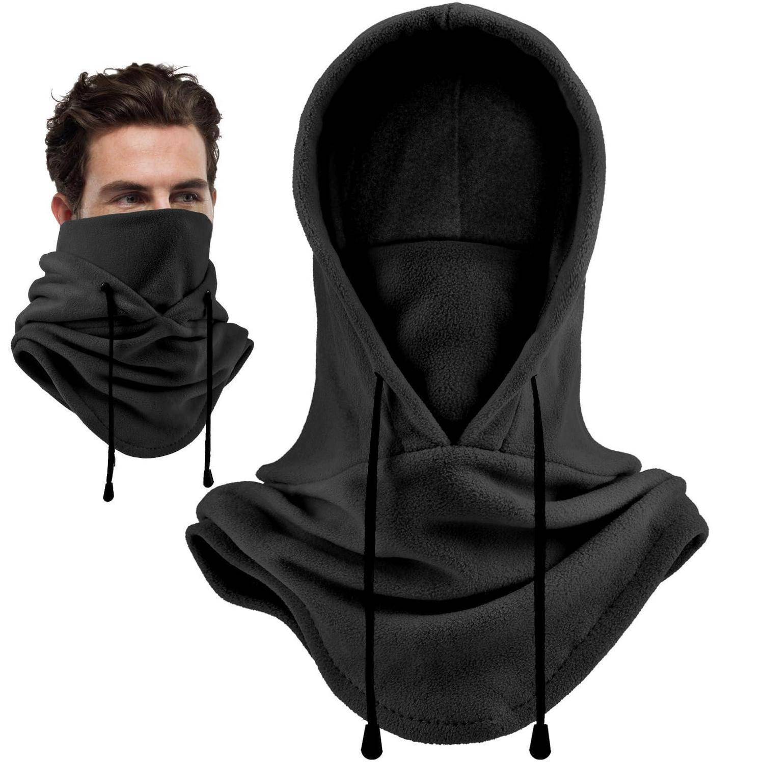 Schwarzer Fleece-Schlauchtuch mit Kapuze/Maske, gezeigt an einem Modell und als eigenständiges Produkt auf weißem Hintergrund.