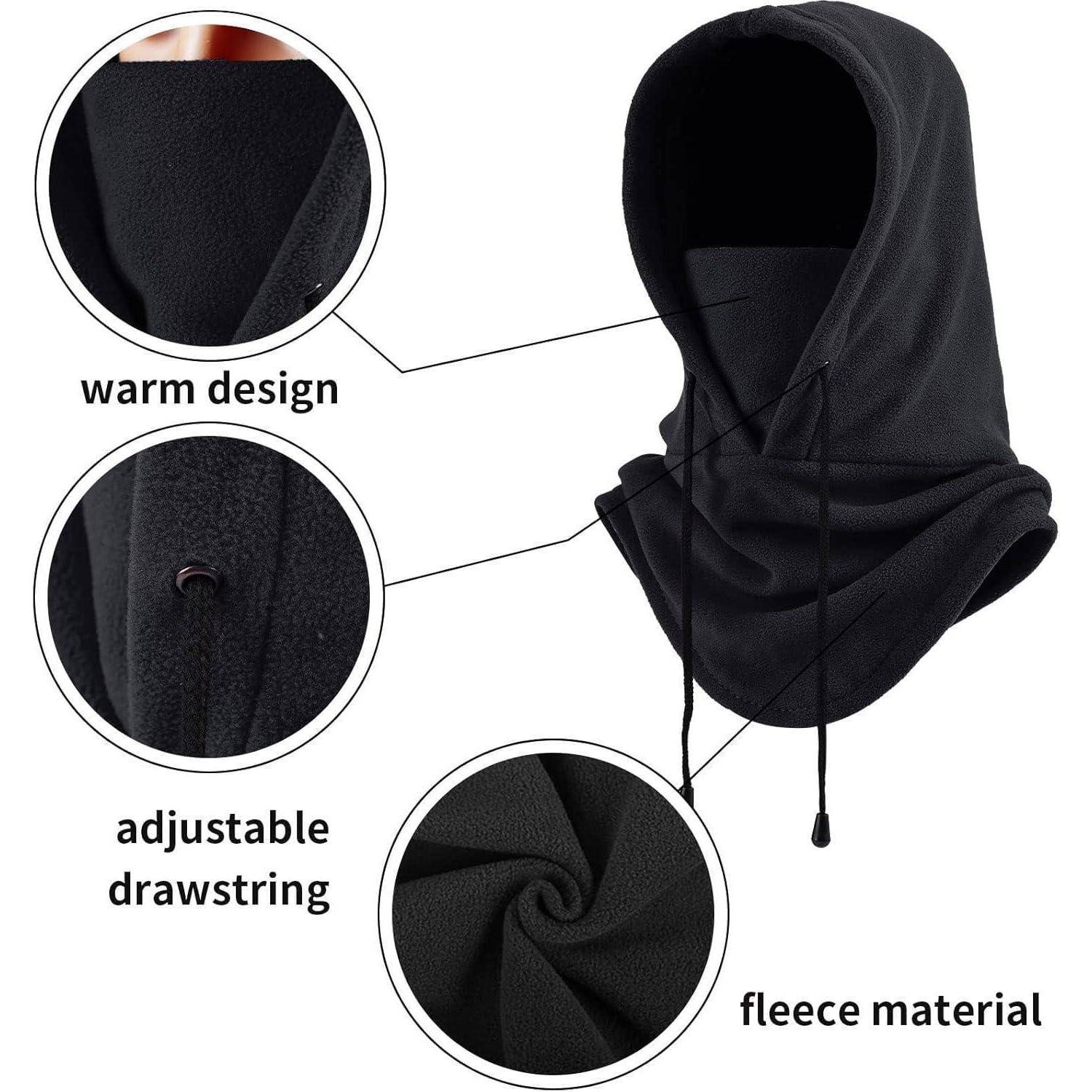 Schwarzes Fleece-Kapuzen-Gesichtstuch mit verstellbarem Kordelzug, gezeigt mit Nahaufnahmen, die das warme Design und die Stofftextur hervorheben.
