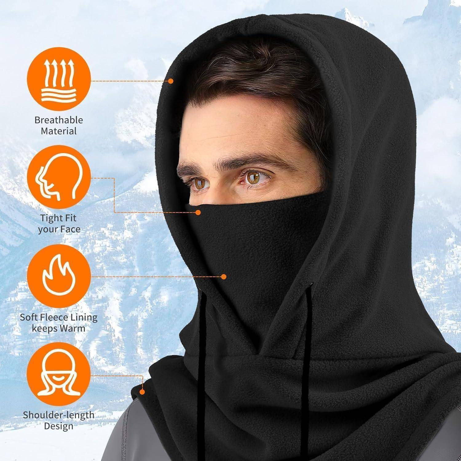 Person, der eine schwarze Gesichtsmaskierung mit Kapuze trägt; Beschriftungen heben atmungsaktives Material, eng anliegende Passform, weiches Fleece-Futter und schulterlange Konstruktion hervor.