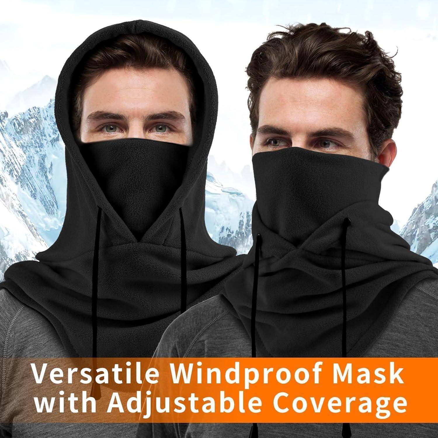 Zwei Männer, die schwarze winddichte Gesichtsmasken und Kapuzenpullover tragen, zeigen vollständige und teilweise Gesichtsabdeckung, mit Text „Vielseitige winddichte Maske mit verstellbarer Abdeckung