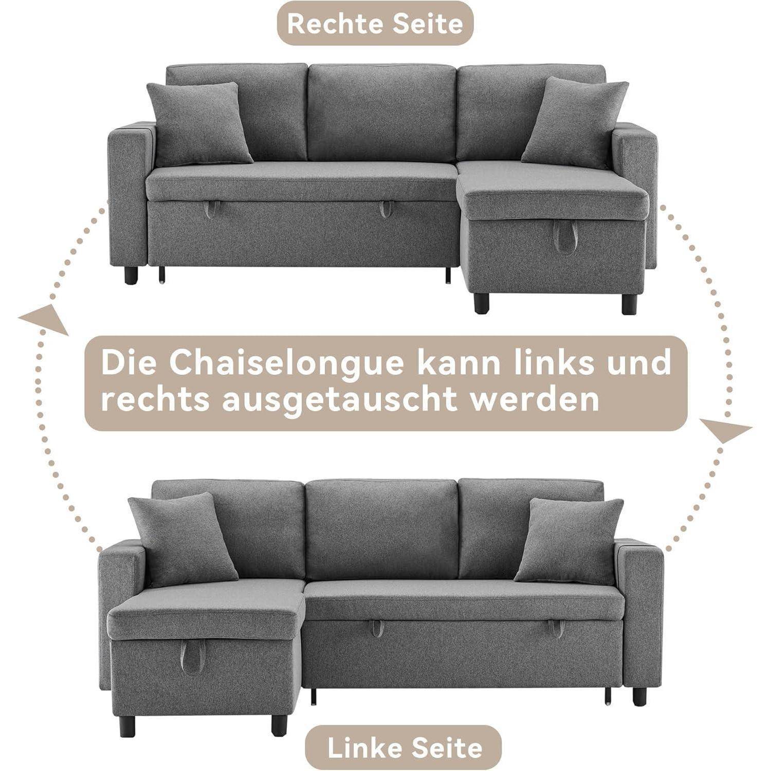 Graues Ecksofa mit reversiblem Chaiselongue; deutsche Etiketten zeigen, dass die Chaiselongue von der rechten Seite zur linken Seite gewechselt werden kann.