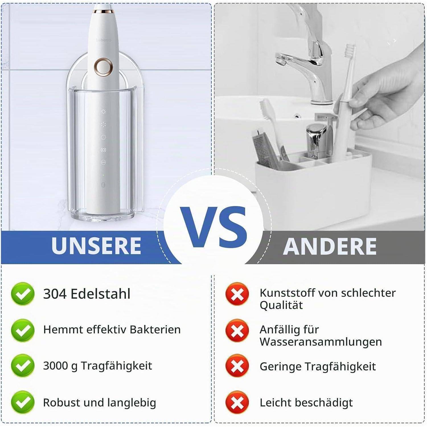 # Nebeneinander-Vergleich eines Zahnbürstenhalters aus Edelstahl mit der Bezeichnung „UNSERE