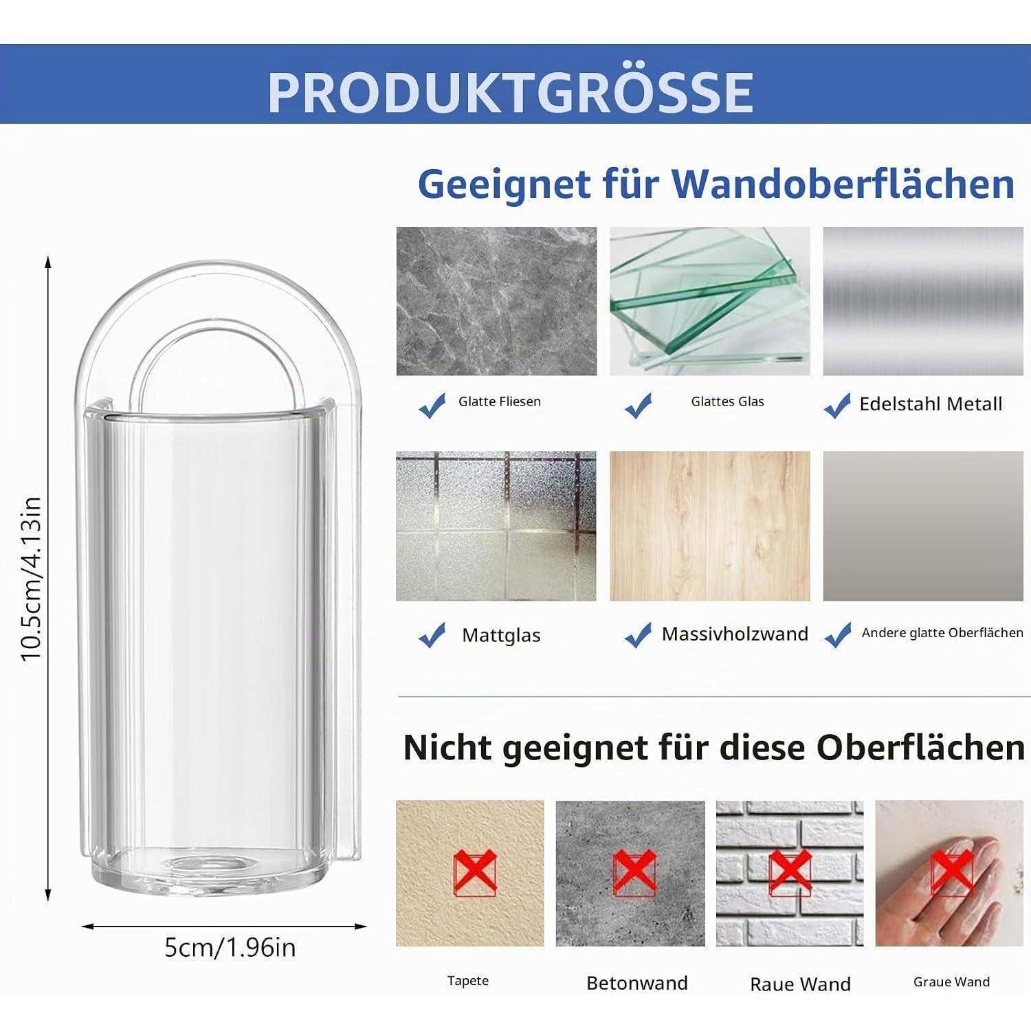Größendiagramm für einen transparenten Wandhaken mit Klebepad, 10,5 cm hoch und 5 cm breit; geeignet für glatte Oberflächen wie Fliesen, Glas, Metall, Mattglas, Massivholz, nicht geeignet für Tapeten oder raue Wände.