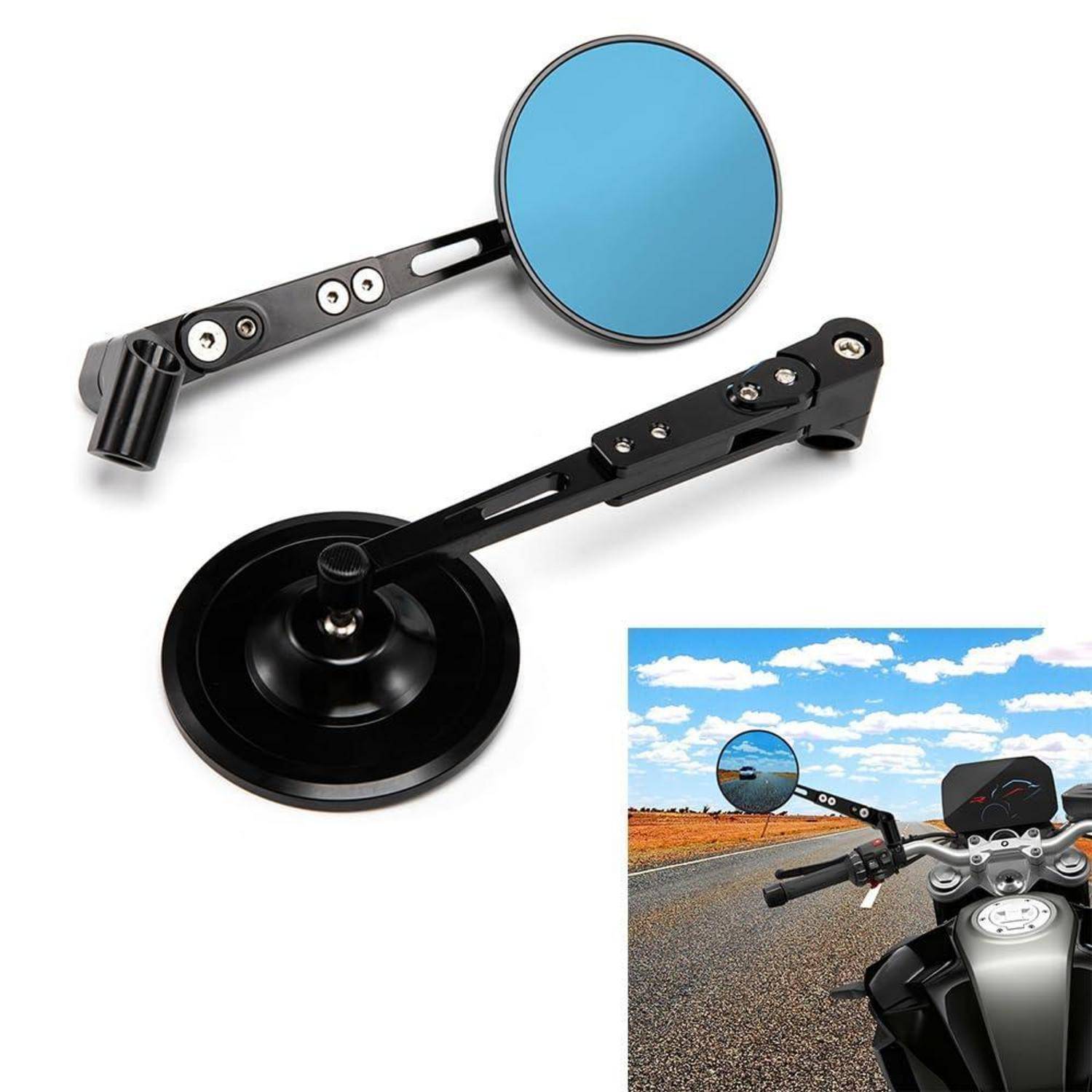 Verstellbare Motorrad-Lenkererspiegel mit runden, blaugetönten Spiegeln, dargestellt mit einer kleinen Einfügung eines an einem Motorrad auf der Straße montierten Spiegels.