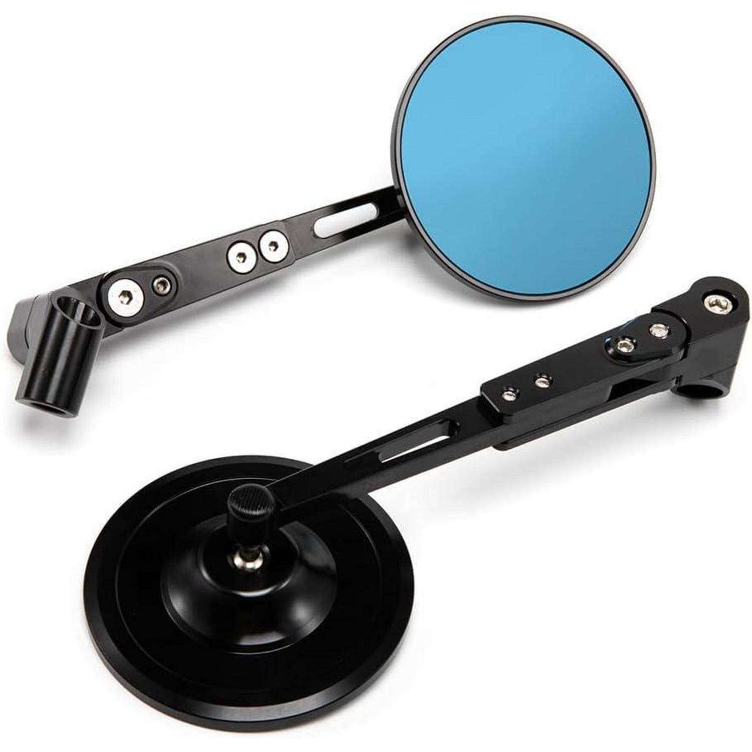 Zwei verstellbare Motorrad-Rückspiegel mit rundem, blau getöntem Glas, schwarzen Armen und Befestigungsbasen auf weißem Hintergrund dargestellt.