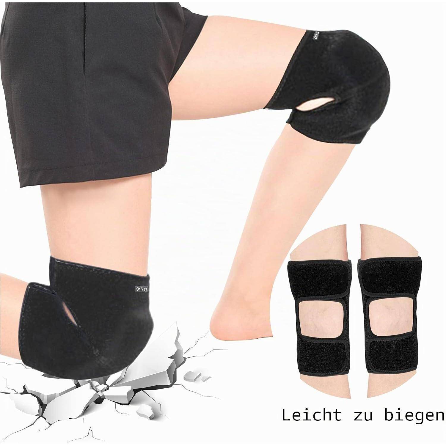 Schwarze Knie- und Fußgelenkstützen an den Beinen einer Person, dargestellt mit einer Grafik eines gerissenen Bodens und dem Text „Leicht zu biegen", der flexible Unterstützung anzeigt.