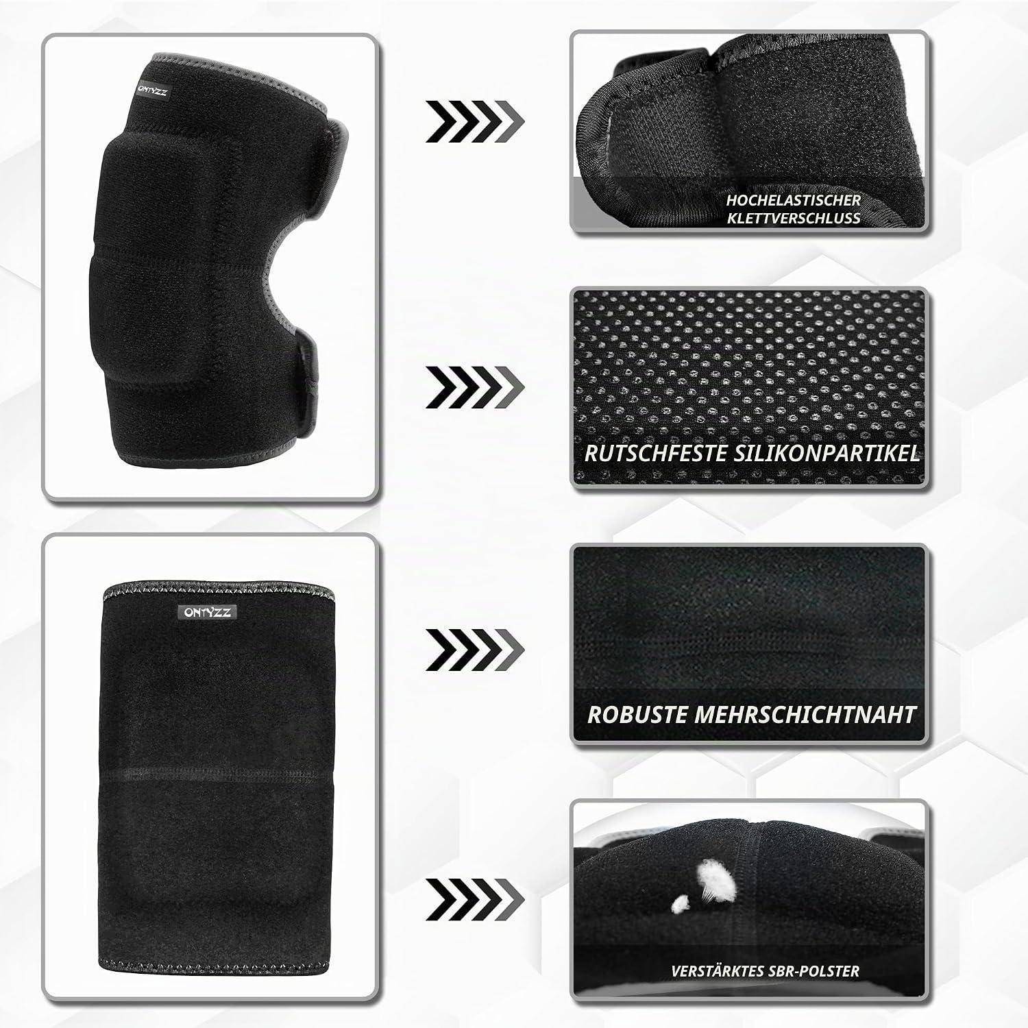 Produktbild einer schwarzen Kniebandage mit verstellbarem Klettverschluss, rutschfesten Silikonpunkten, verstärkten Nähten und gepolsterter Unterstützung.