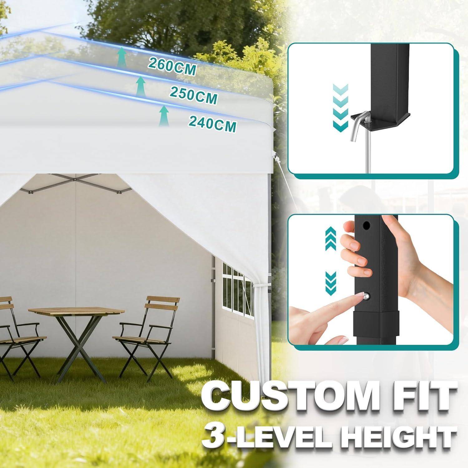 Werbebild eines Terrassen-Pavillons mit verstellbaren 3-stufigen Höheneinstellungen: 240 cm, 250 cm und 260 cm, mit Detailaufnahmen des Stangenverstell-Mechanismus.