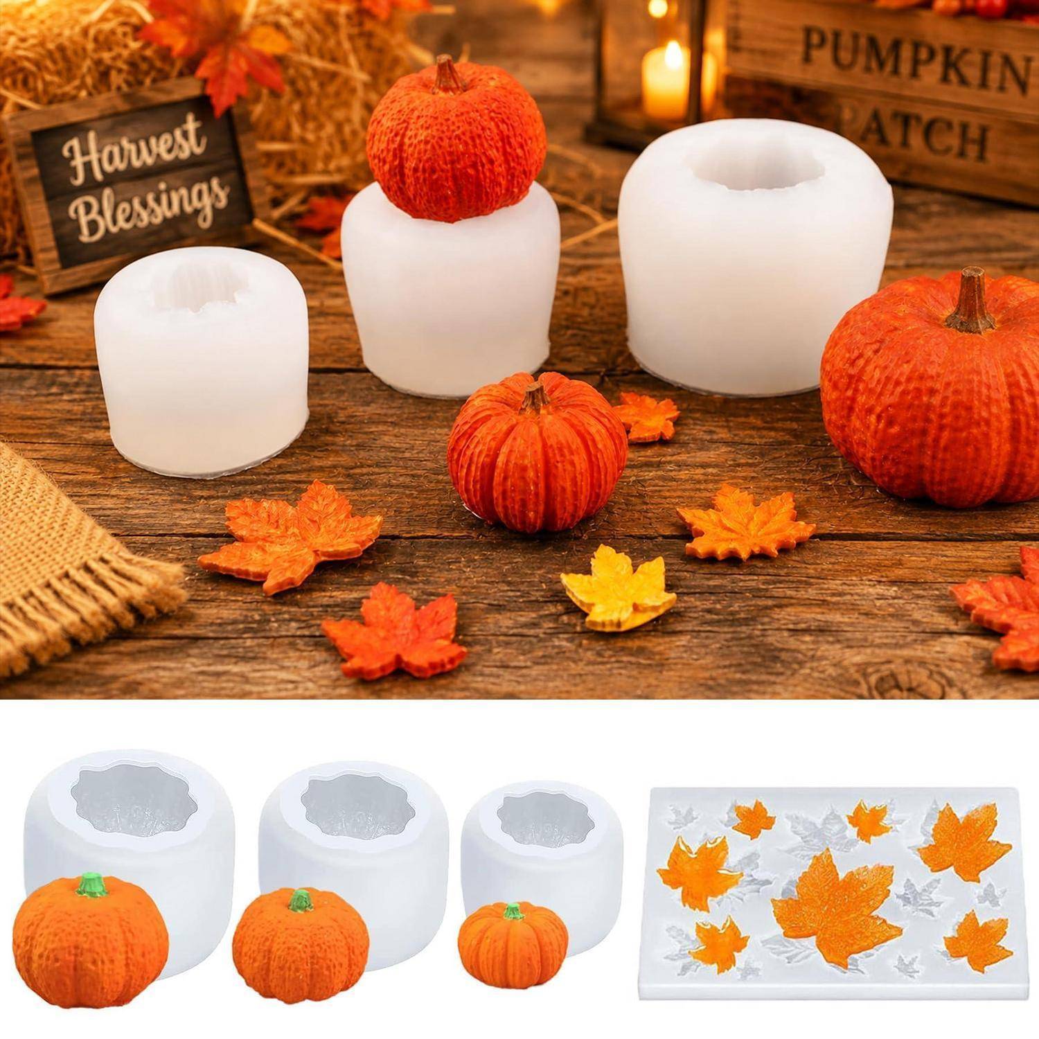 Herbst-themed Kerzenformen und fertige weiße Kerzen in Kürbisform, ausgestellt mit orangefarbenen Kürbissen und Herbstblättern auf einem Holztisch.