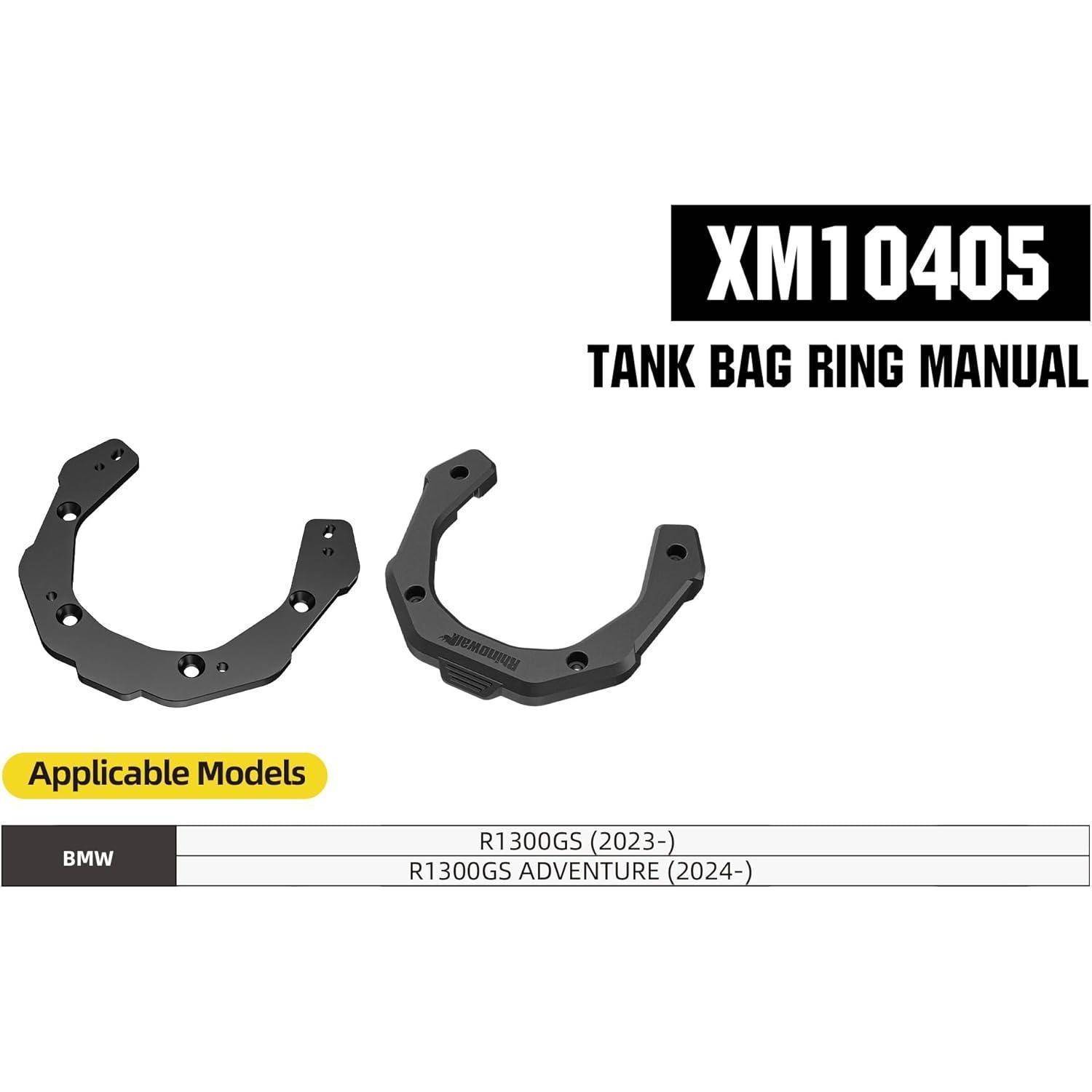 Produktbild für XM1040S Tankrucksack-Ring-Montageanleitung mit zwei schwarzen Montageringen und anwendbaren BMW-Modellen: R1300GS (2023-) und R1300GS Adventure (2024-).