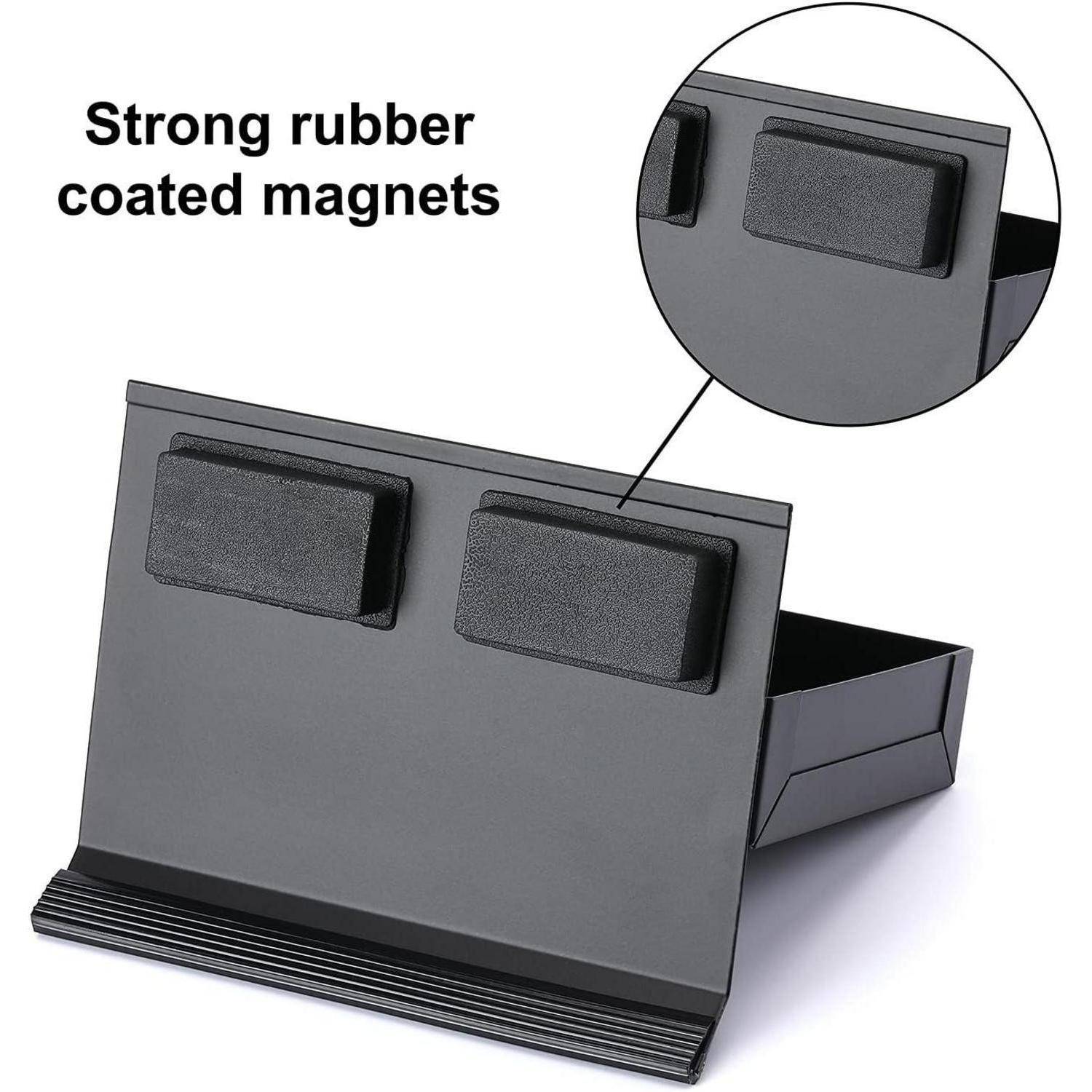 Produktständer mit zwei starken gummierten Magneten, dargestellt mit einer kreisförmigen Nahaufnahme, die die Magneten hervorhebt und den Text „Starke gummierte Magnete