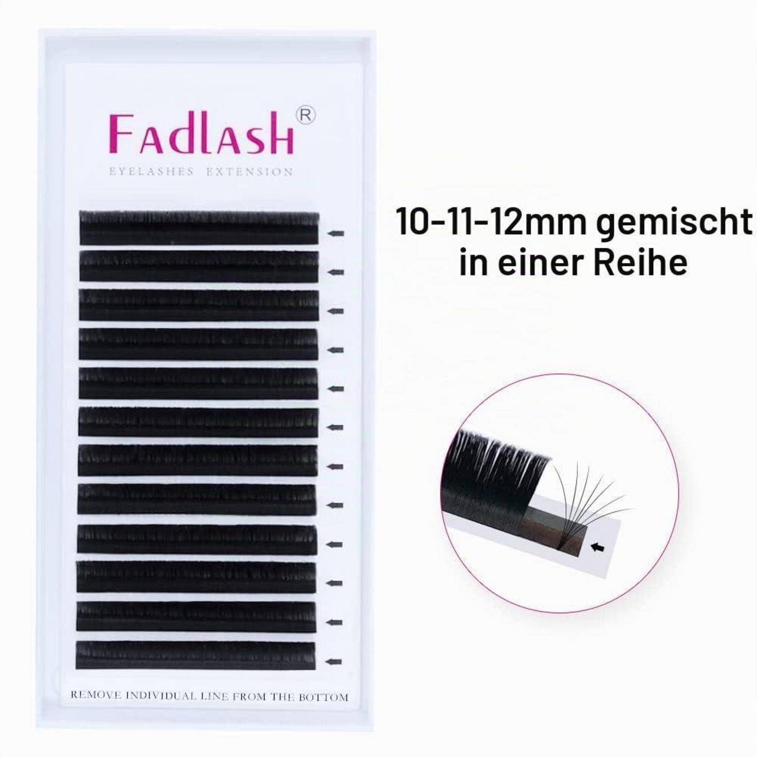 Fadlash-Wimpernverlängerungstablett zeigt eine Mischung aus 10, 11 und 12 mm Wimpern in einer Reihe, mit einer Nahaufnahme der Entfernung einzelner Wimpern.