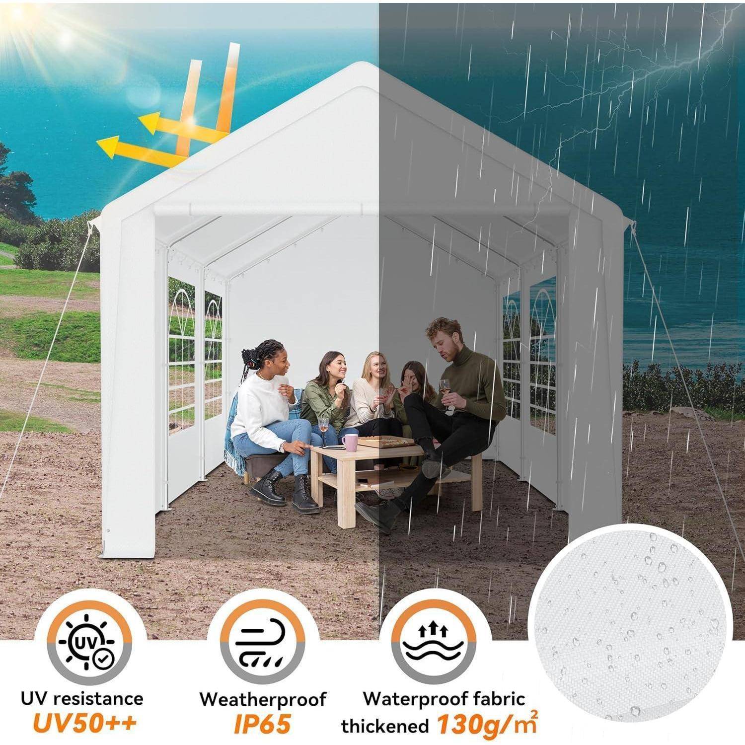 Geteiltes Bild eines weißen Outdoor-Pavillon-Zelts: sonnige linke Seite mit UV-Strahlen, regnerische rechte Seite mit Wasser; Menschen sitzen darin. Symbole zeigen UV-Beständigkeit, wetterbeständiger und wasserdichter Stoff.
