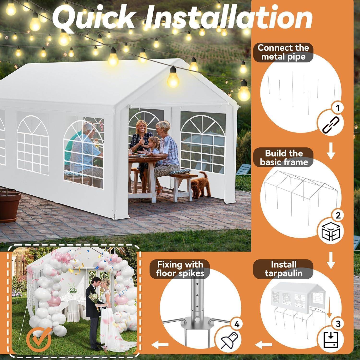 Infografik mit dem Titel „Schnelle Installation" mit vier Installationsschritten für ein weißes Pavillon-Zelt: Metallrohr verbinden, Grundrahmen bauen, Plane installieren und mit Bodenankern befestigen.