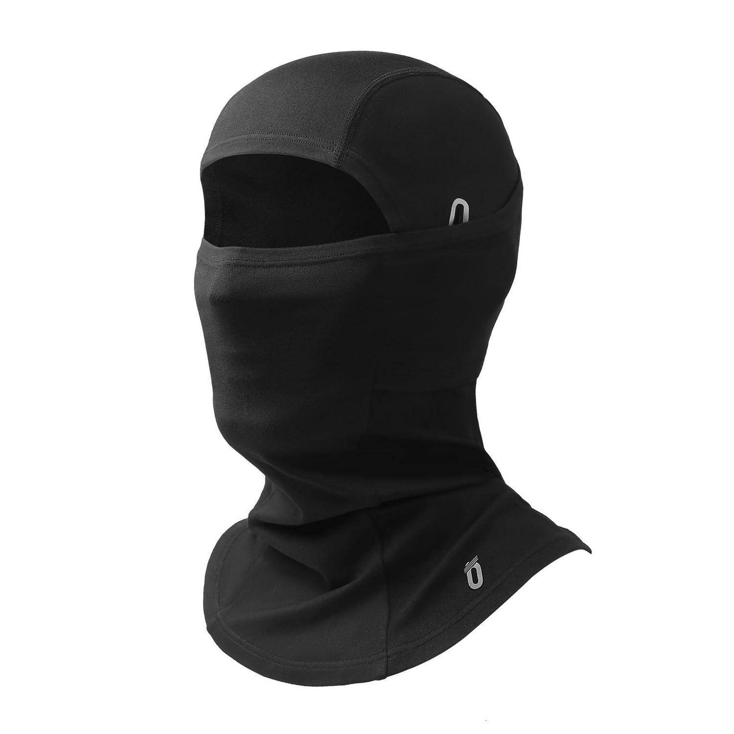 Schwarze Vollgesichts-Sturmhaube oder Gesichtsmaske mit Augenlöchern, auf weißem Hintergrund gezeigt.