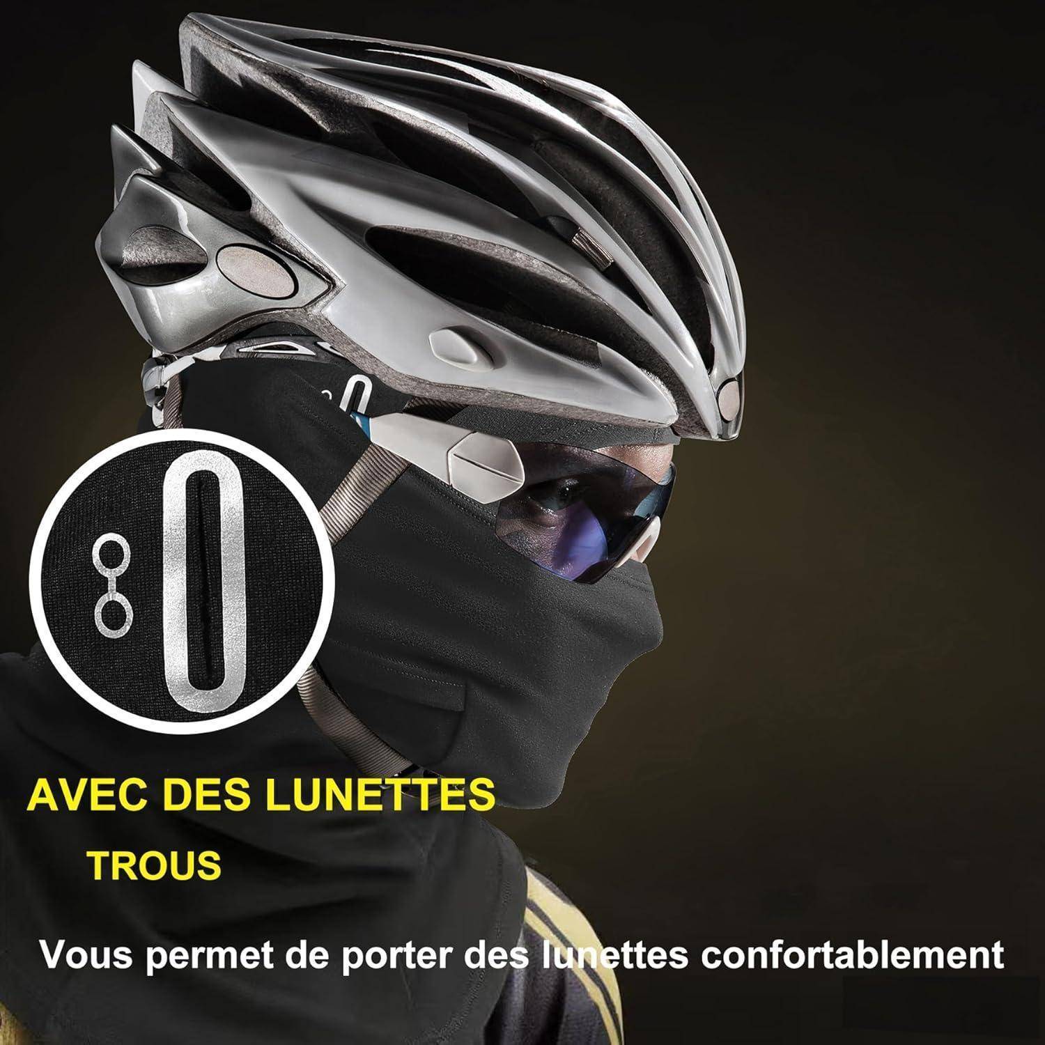 Radfahrer mit Helm, Gesichtsmaske und Brille; französischer Anzeigentext sagt „MIT LOCHBRILLEN