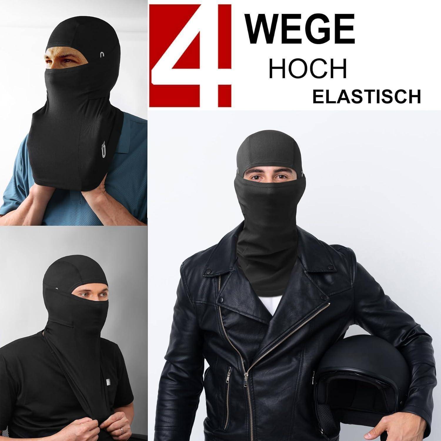 Collage einer schwarzen dehnbaren Sturmhaube, die unter einem Helm und einer Lederjacke getragen wird; der Text lautet „4 Wege Hoch Elastisch