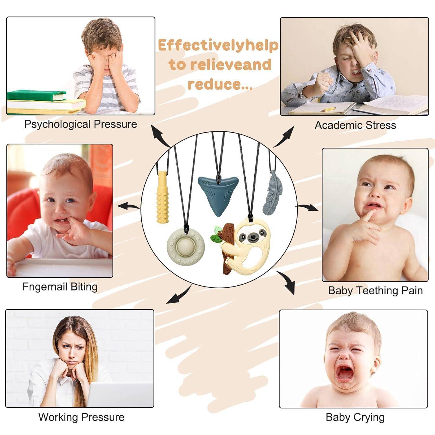Infografik mit halsketten-ähnlichen Zahnungsspielzeugen/Stressabbauartikeln, die dabei helfen, psychische Belastungen, schulischen Stress, beruflichen Druck, Fingernägelkauen, Zahnungsschmerzen bei Babys und Babyweinen zu reduzieren.